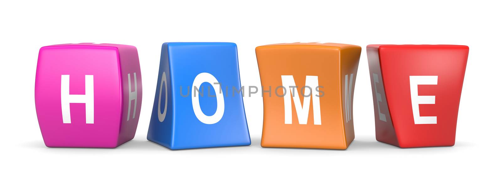 Home White Text on Colorful Deformed Funny Cubes 3D Illustration on White Background