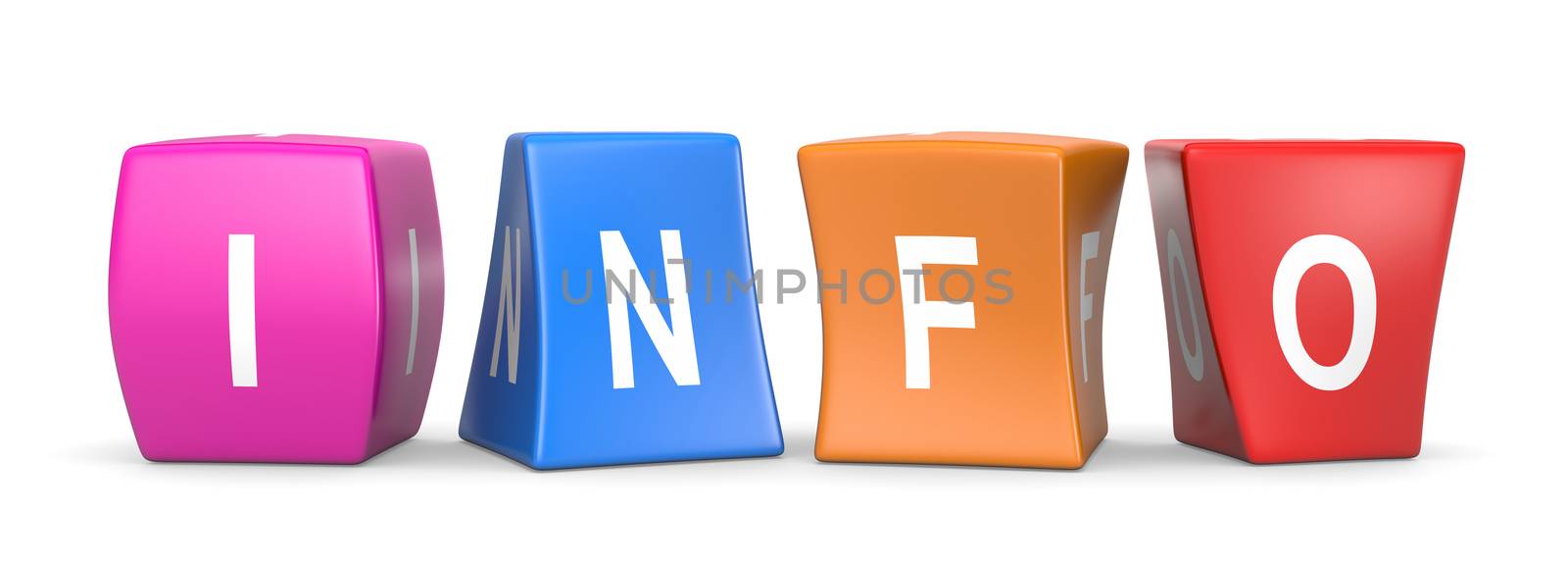Info White Text on Colorful Deformed Funny Cubes 3D Illustration on White Background