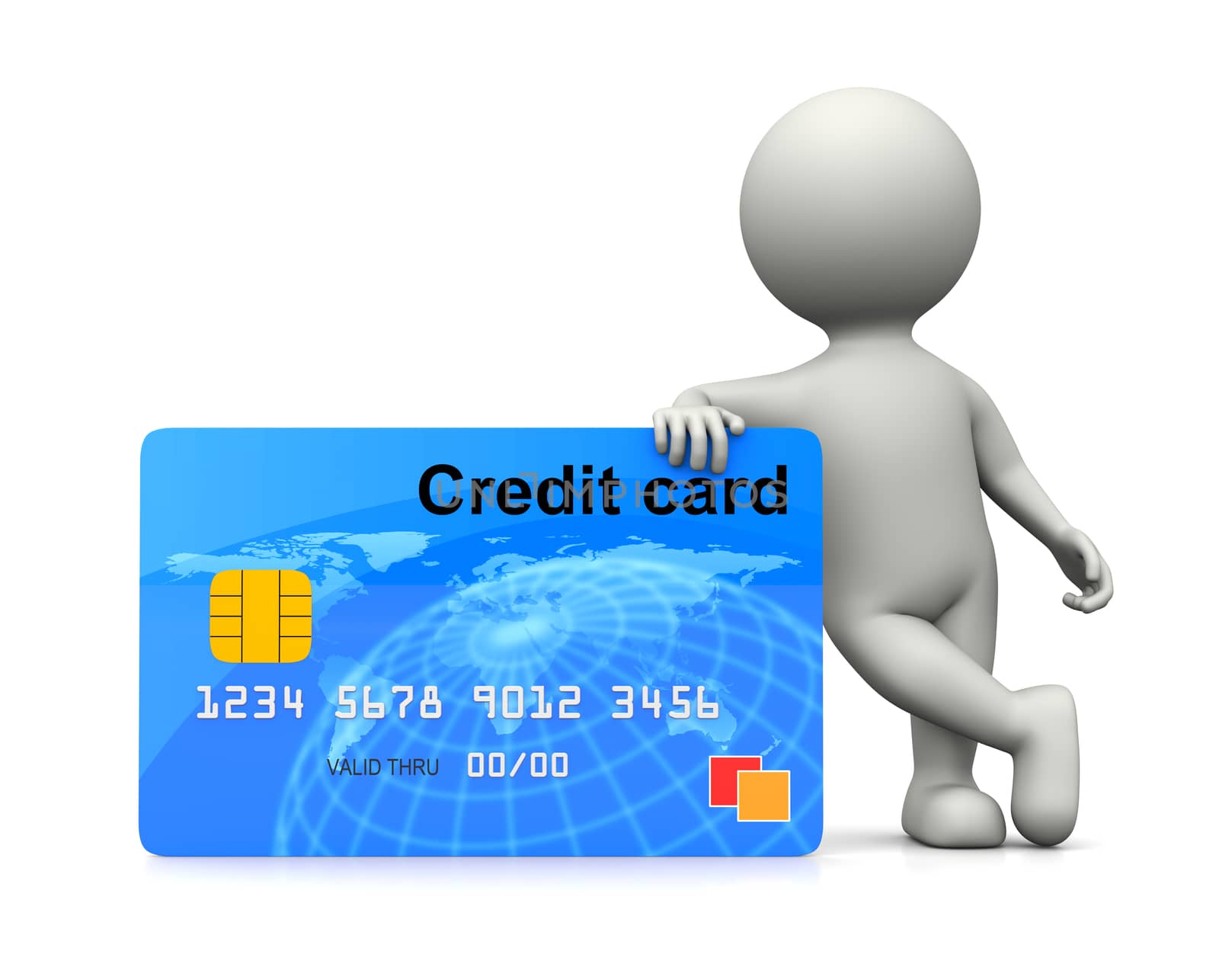White 3D Character Leaned on a Credit Card 3D Illustration on White Background
