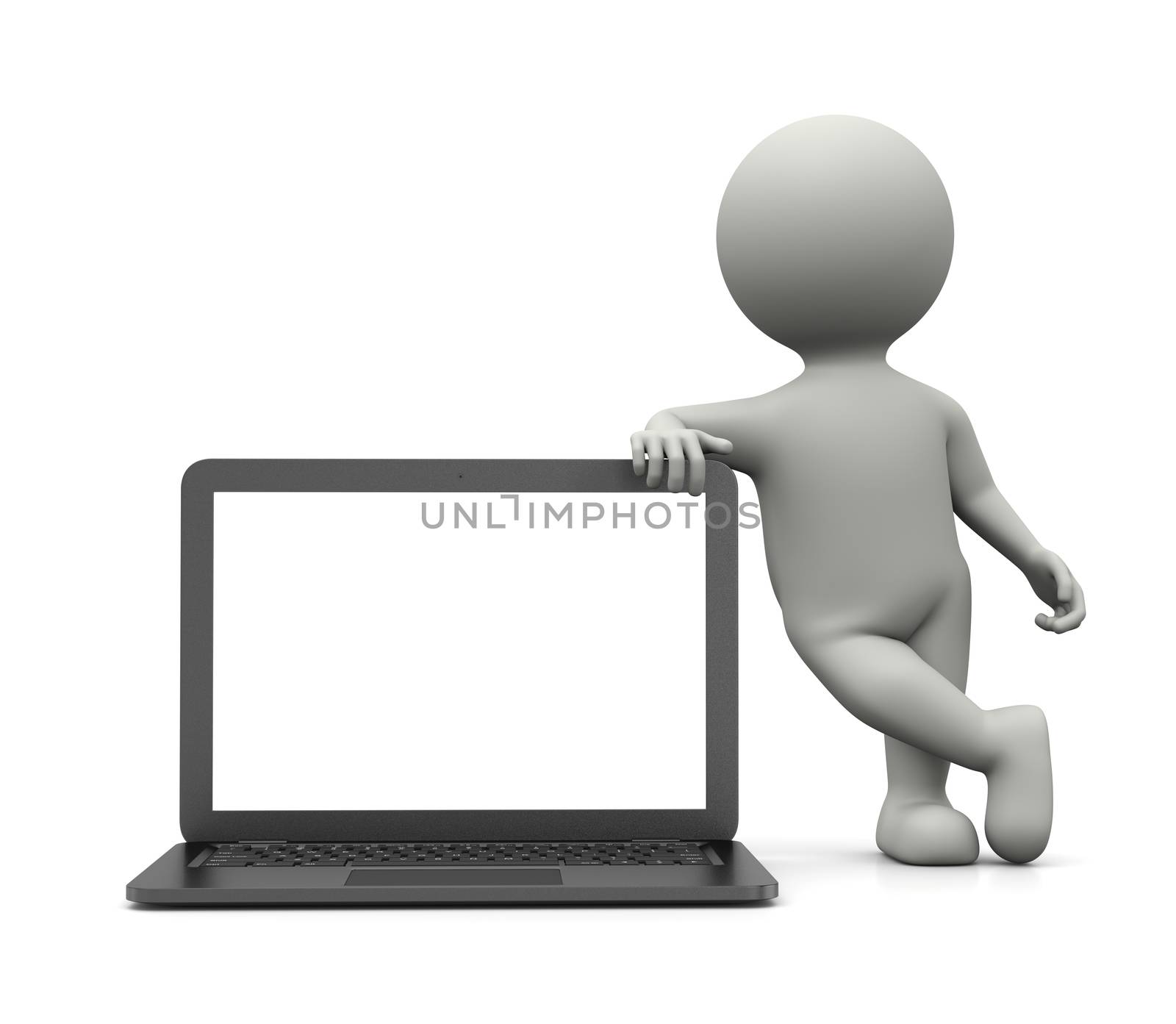 White 3D Character Leaned on a Laptop Computer with White Blank Screen 3D Illustration on White Background