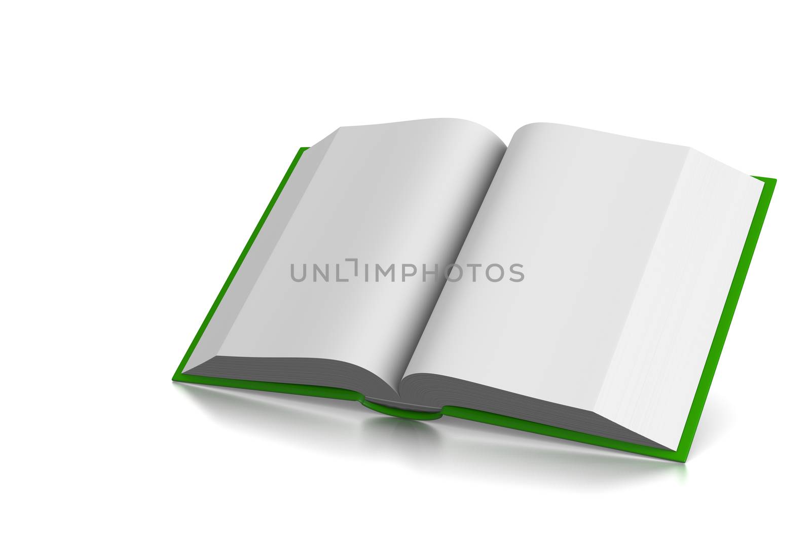 Green Cover Open Book with Blank Pages on White Background 3D Illustration