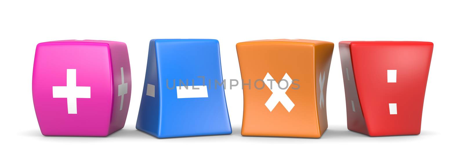 Four Math Operators White Symbols on Colorful Deformed Funny Cubes 3D Illustration on White Background