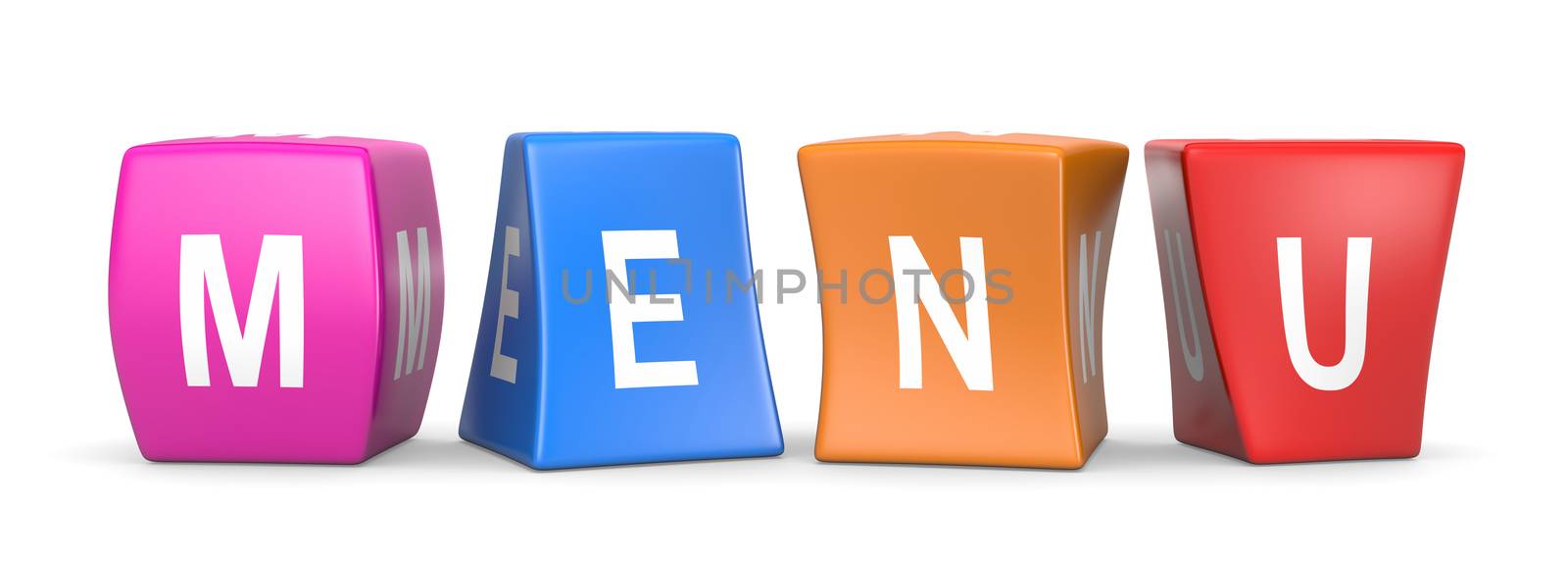 Menu White Text on Colorful Deformed Funny Cubes 3D Illustration on White Background