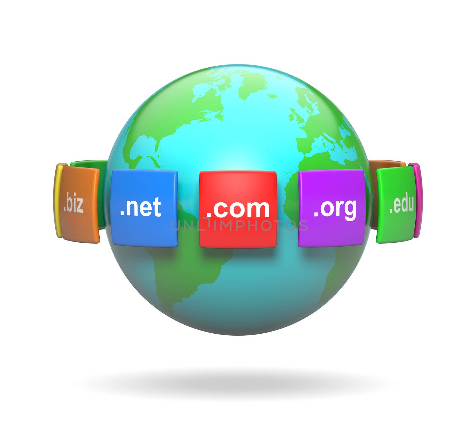 Internet Domain Names Around the Earth 3D Illustration on White Background