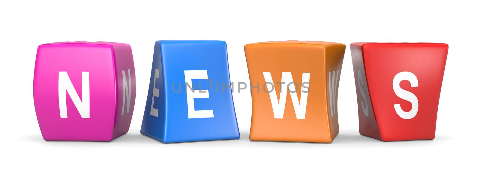 News White Text on Colorful Deformed Funny Cubes 3D Illustration on White Background