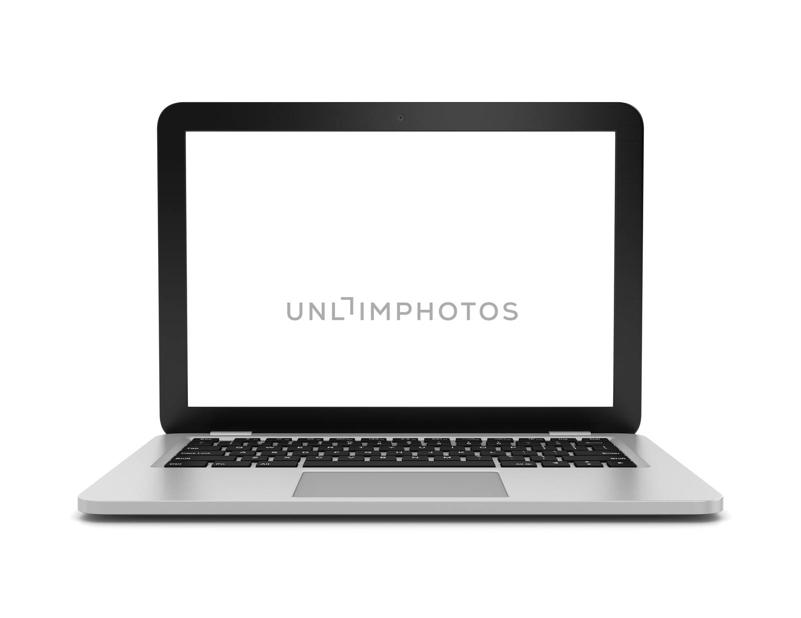 Silver Laptop Computer with Blank Black Screen on White Background 3D Illustration, Front View