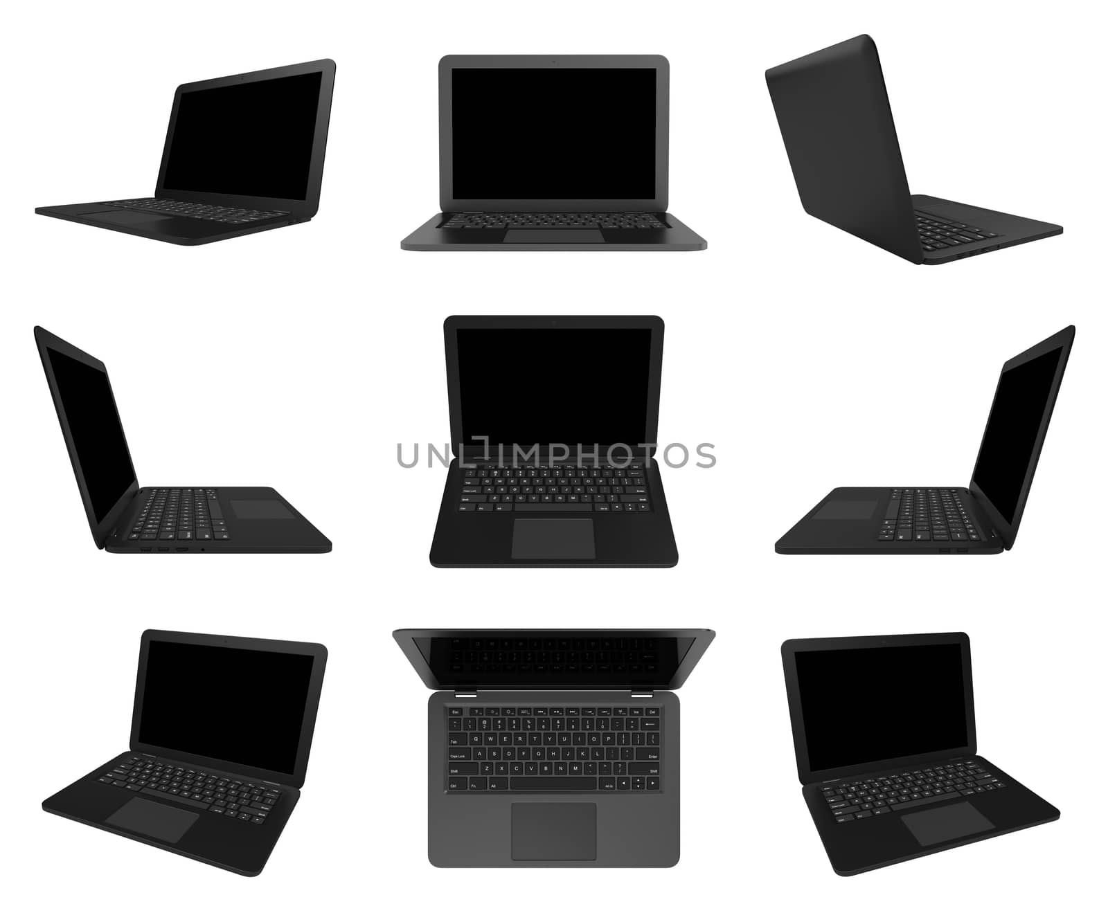 Black Laptop Computer with Blank Black Screen Isolated on White Background 3D Illustration, Multiple View Series