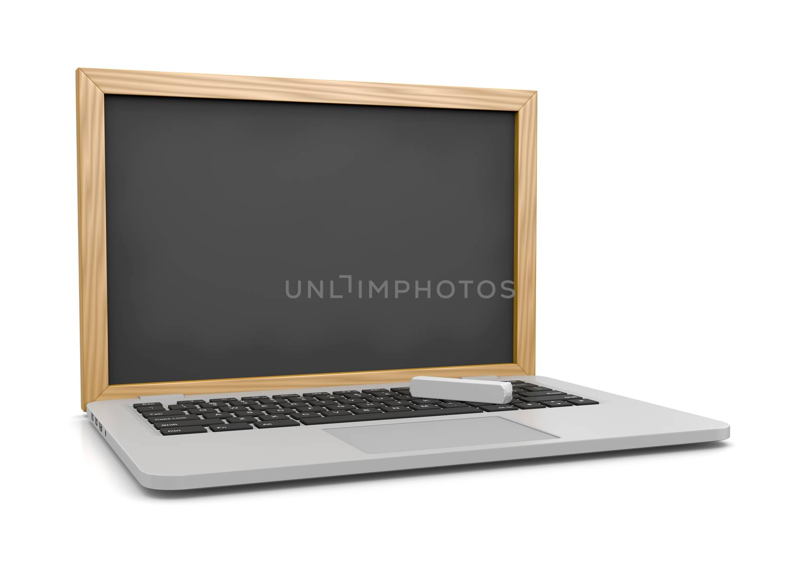 Laptop Computer with a Blank Chalkboard Instead of the Display 3D Illustration on White, E-learning Concept
