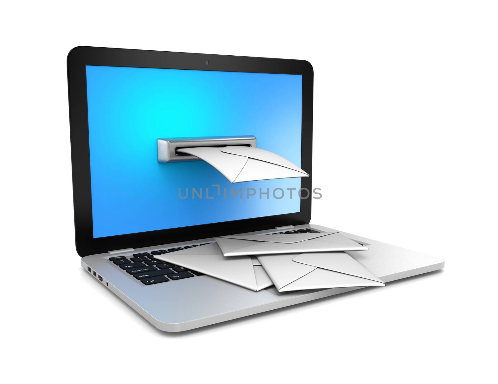 Coming Out from a Laptop Computer Screen White Envelopes 3D Illustration on White, Email Concept