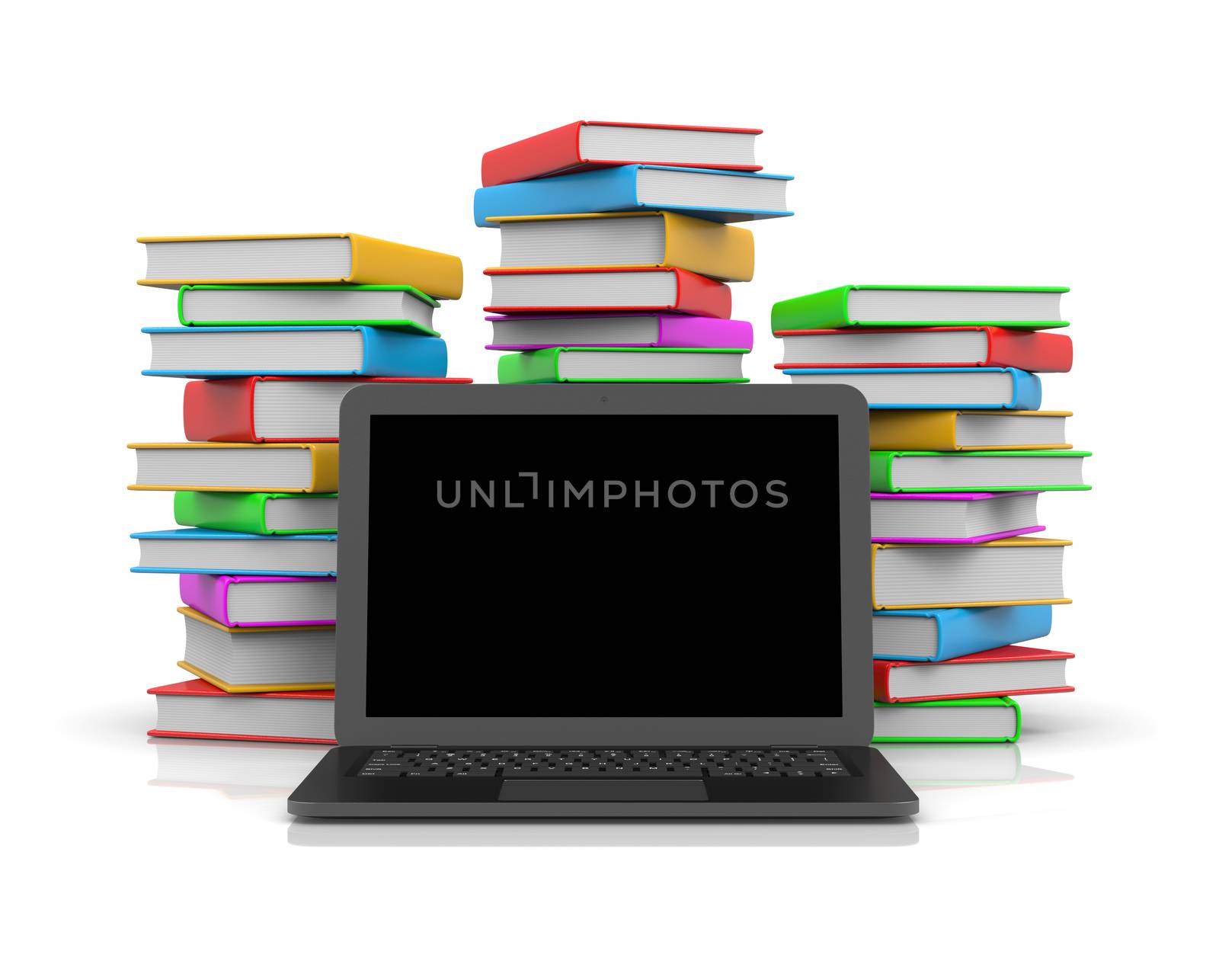 Black Laptop Computer with Blank Display Ahead of Piles of Colored Books 3D Illustration on White Background