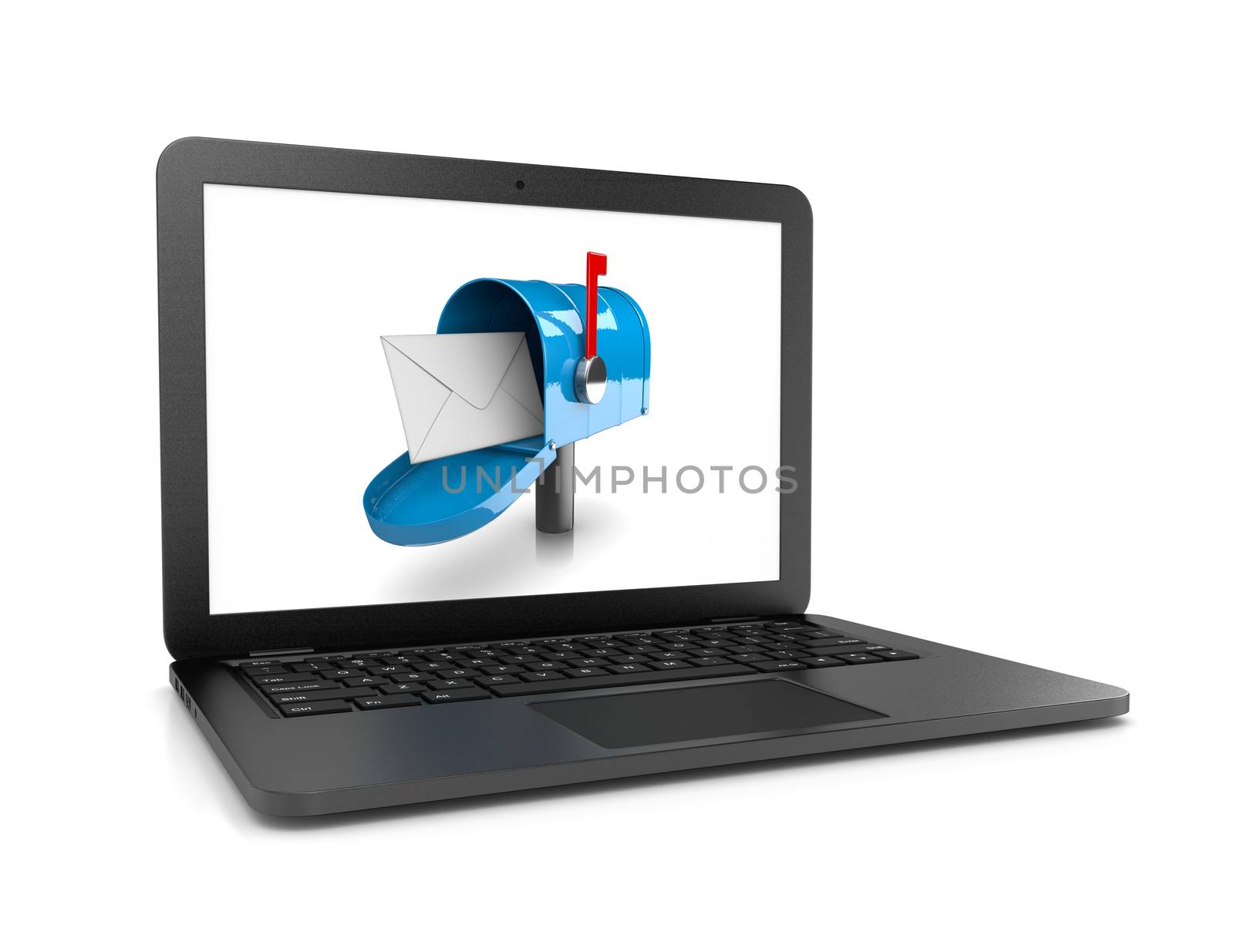 Black Laptop Computer with Blue Mailbox on the Screen 3D Illustration on White