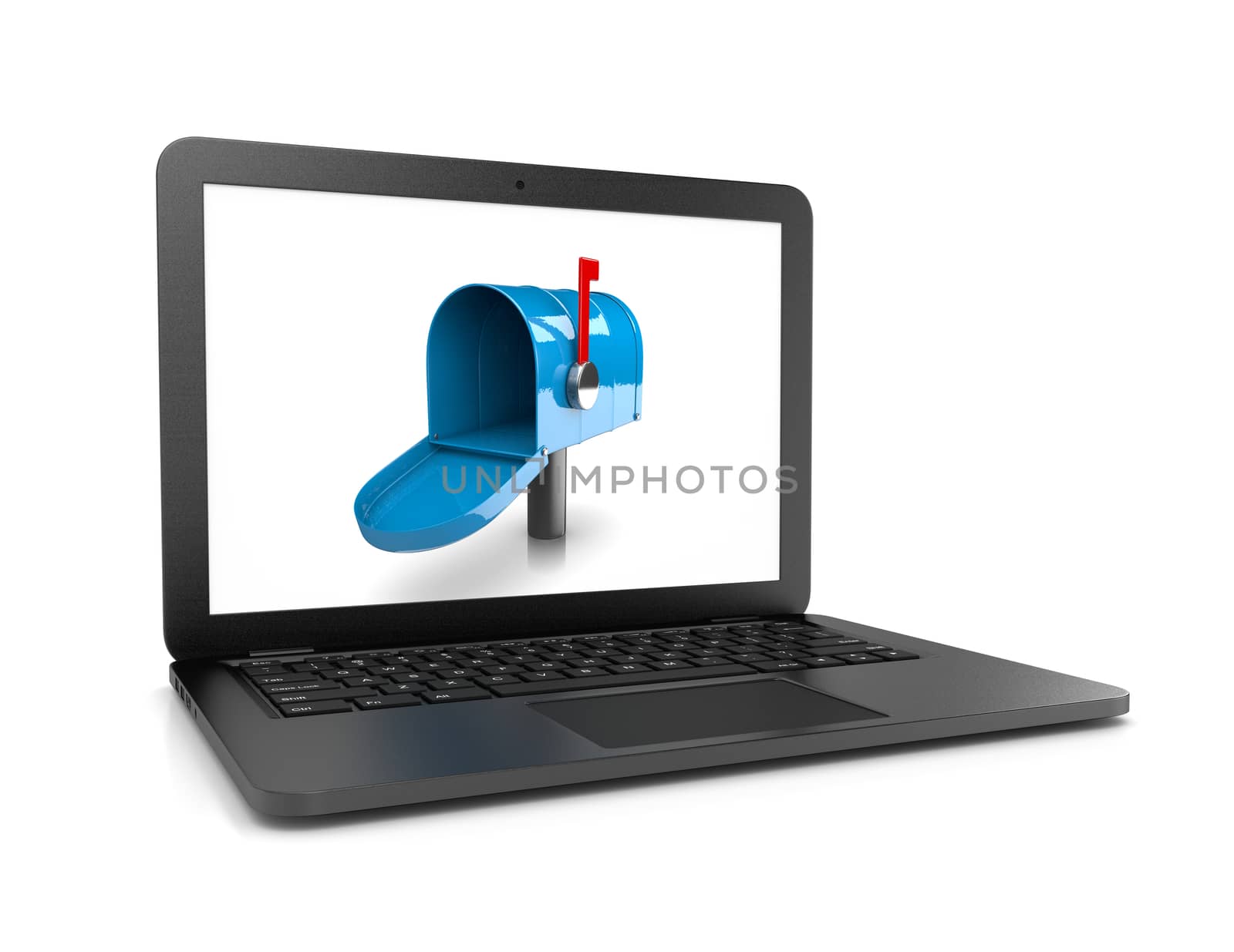 Black Laptop Computer with Blue Empty Mailbox on the Screen 3D Illustration on White