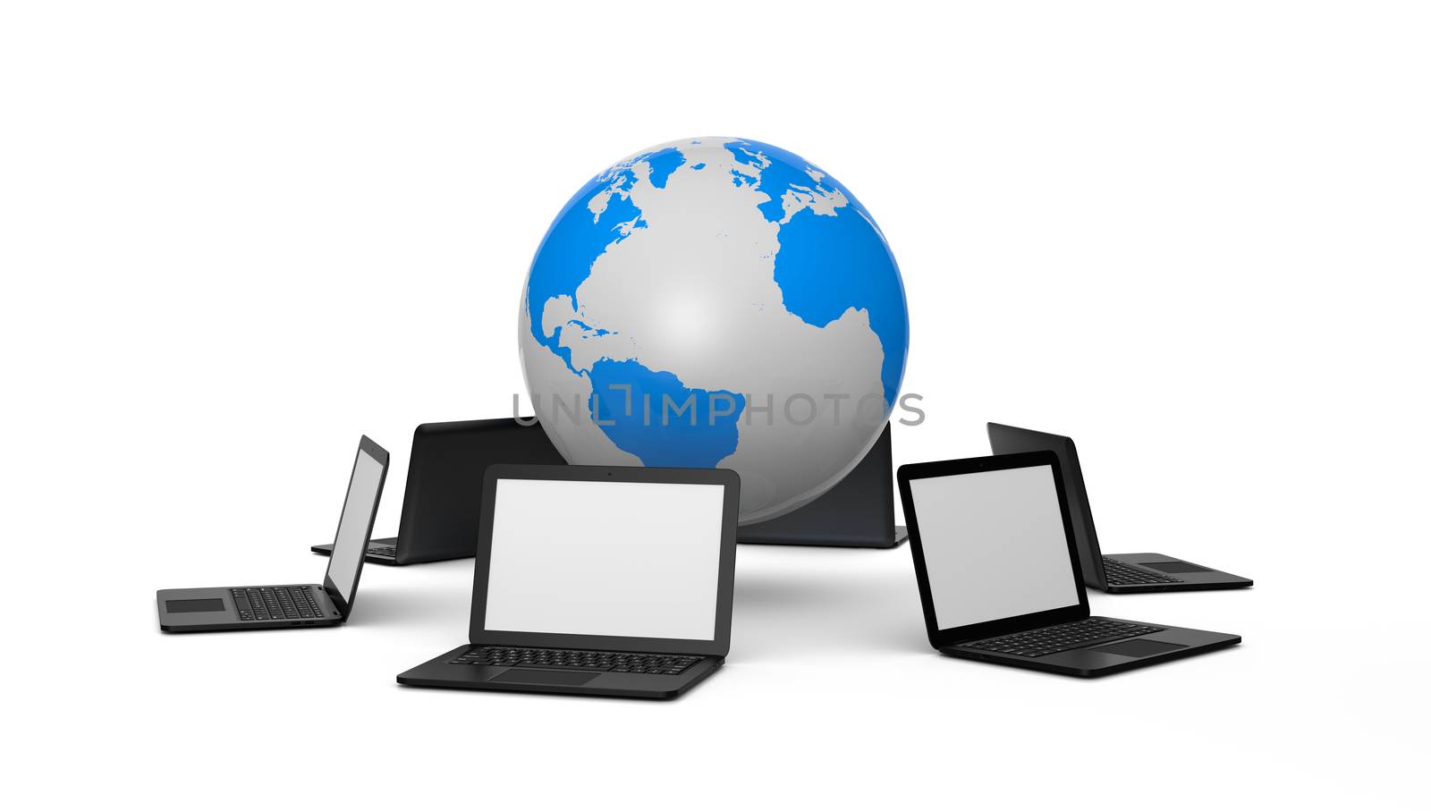 Laptop Computers Around the World 3D Illustration on White Background