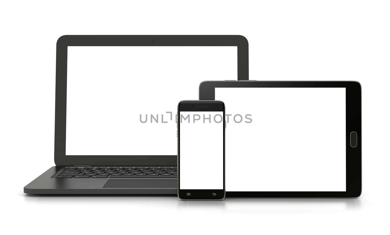 Laptop Computer, Standing Smartphone and Standing Tablet Pc with White Blank Display on White Background 3D Illustration, Front View