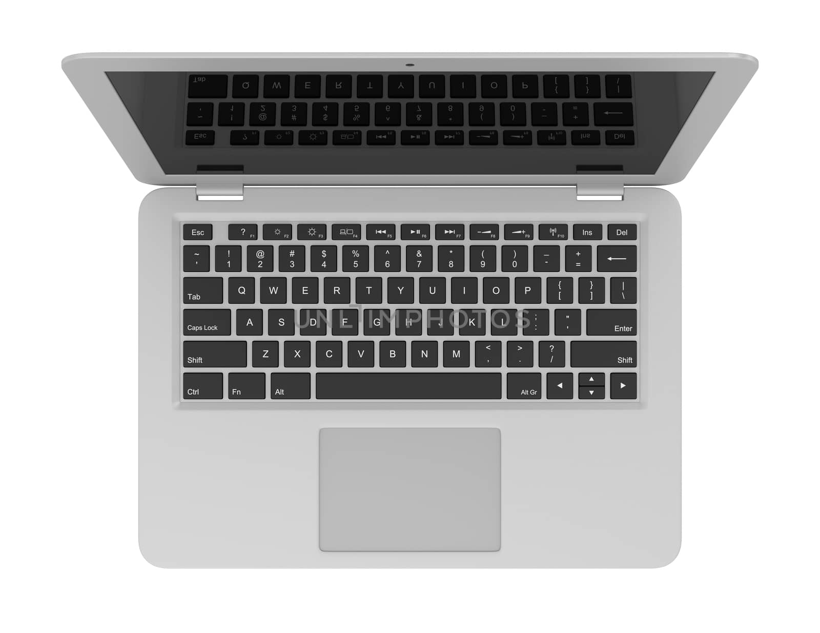 Aluminum Laptop Computer with Blank Black Screen Isolated on White Background 3D Illustration, Top View