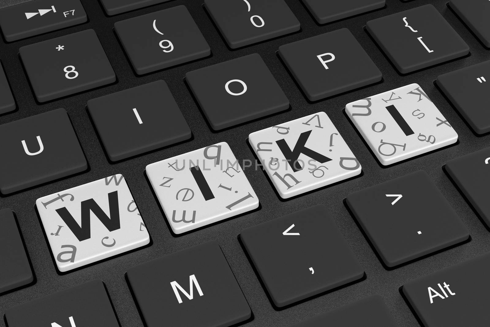 White Wiki Text Word on Black Computer Keyboard Keys 3D Illustration