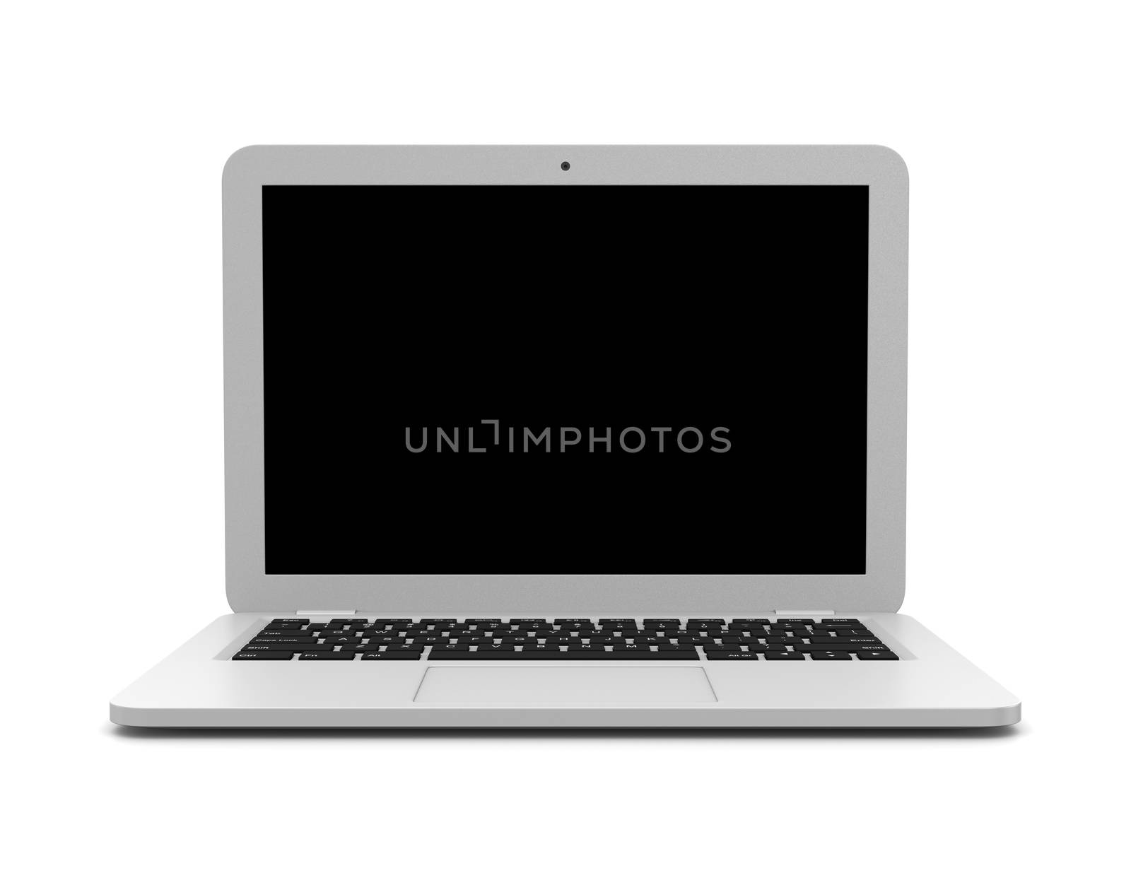 White Laptop Computer with Blank Black Screen on White Background 3D Illustration, Front View