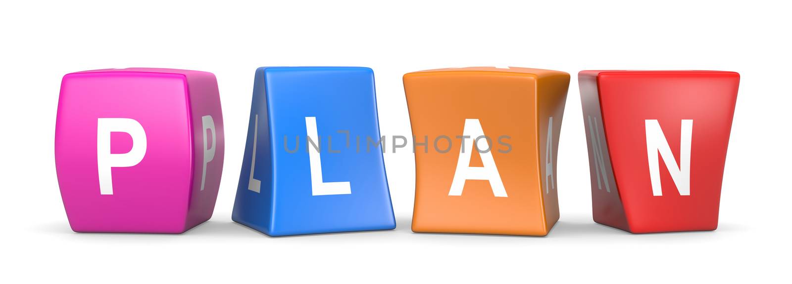 Plan White Text on Colorful Deformed Funny Cubes 3D Illustration on White Background