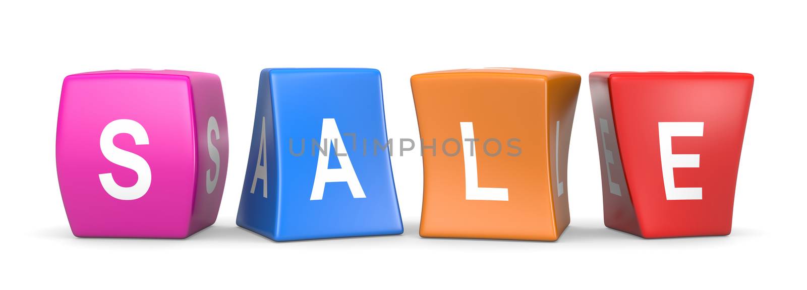 Sale White Text on Colorful Deformed Funny Cubes 3D Illustration on White Background