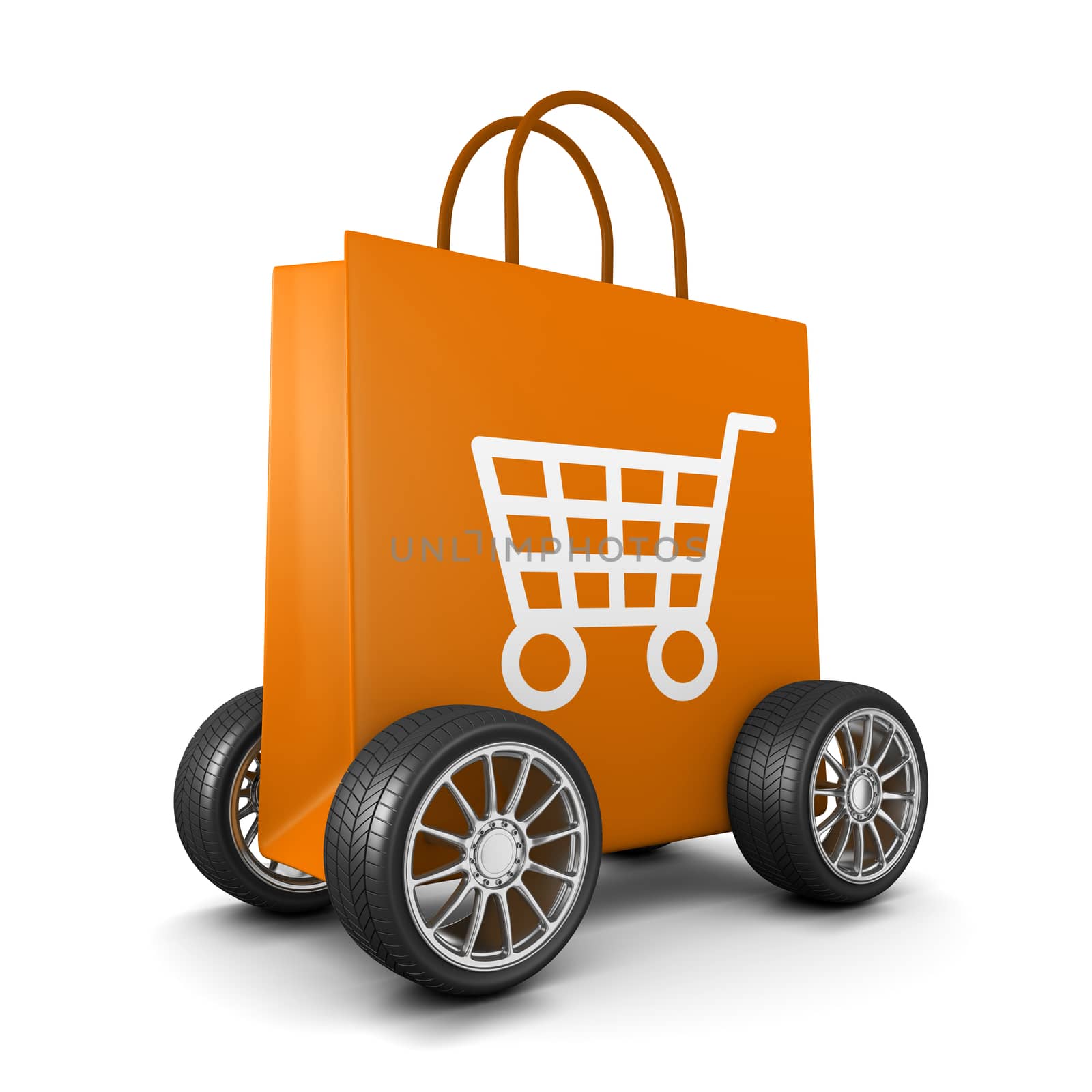 Orange Shopping Bag with Cart Symbol and Wheels on White Background 3D Illustration