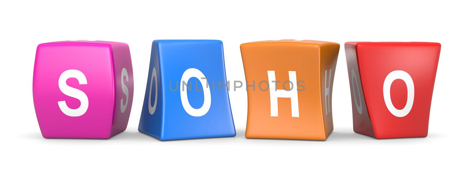 SOHO White Text on Colorful Deformed Funny Cubes 3D Illustration on White Background