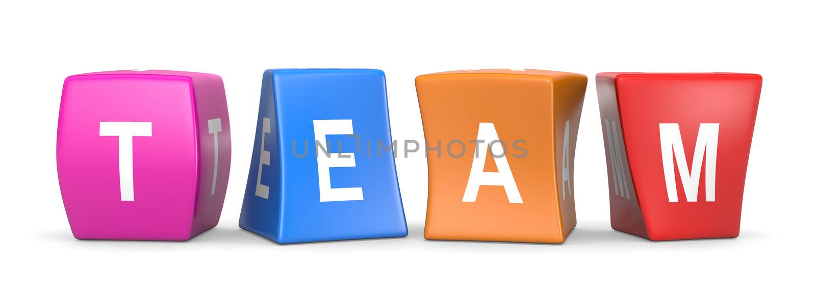 Team White Text on Colorful Deformed Funny Cubes 3D Illustration on White Background