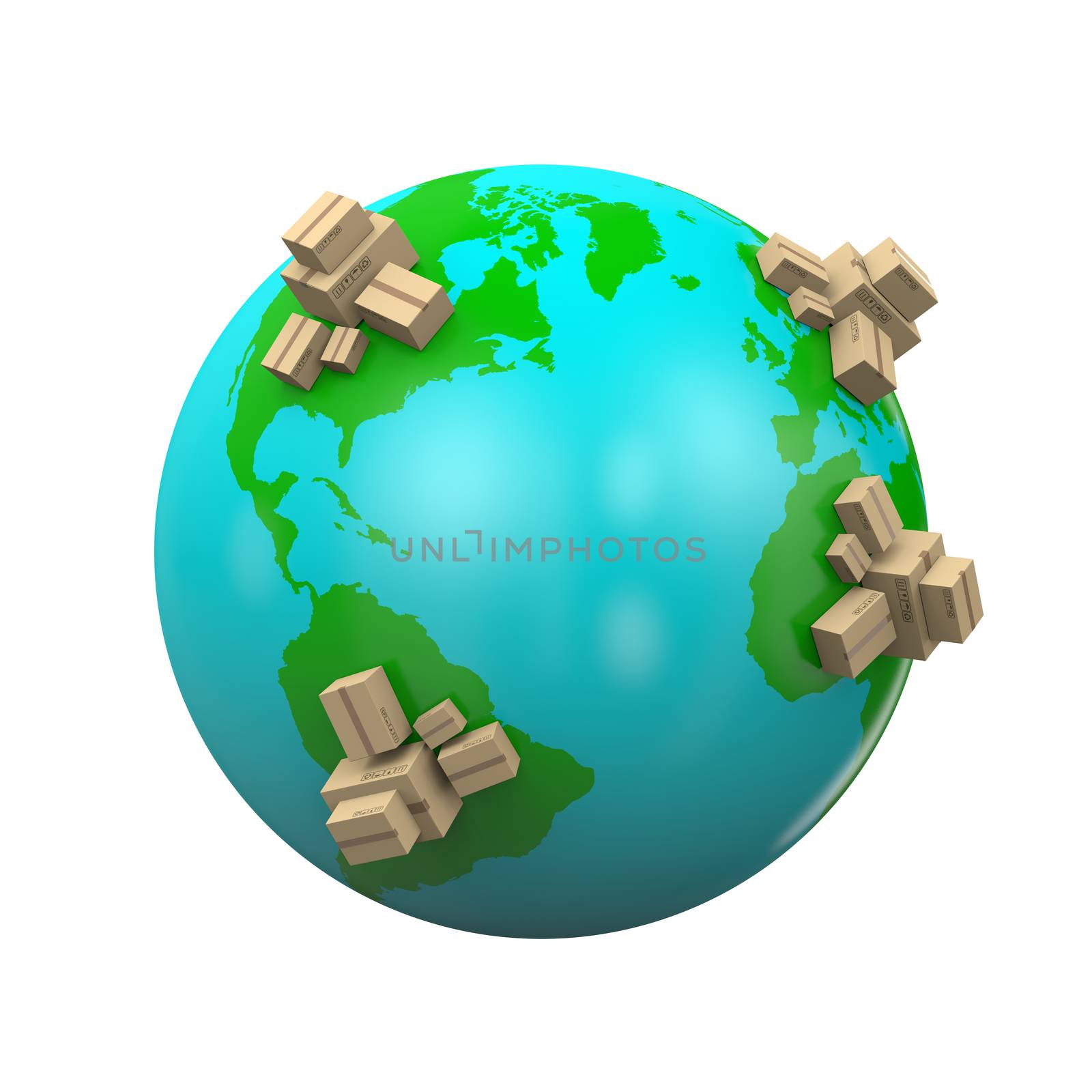 Heaps of Cardboard Boxes on the Earth 3D Illustration, Worldwide Shipping Concept