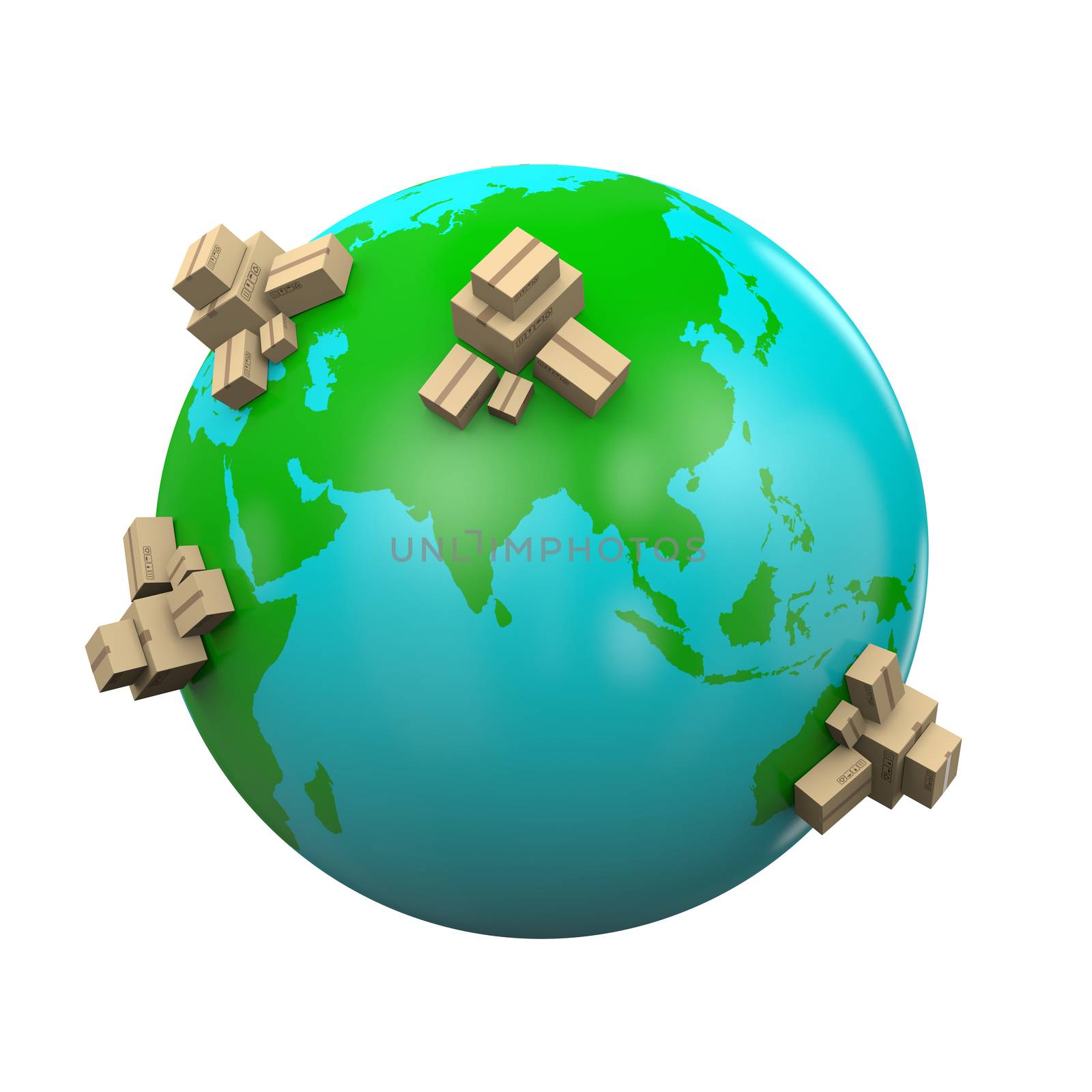 Heaps of Cardboard Boxes on the Earth 3D Illustration, Worldwide Shipping Concept