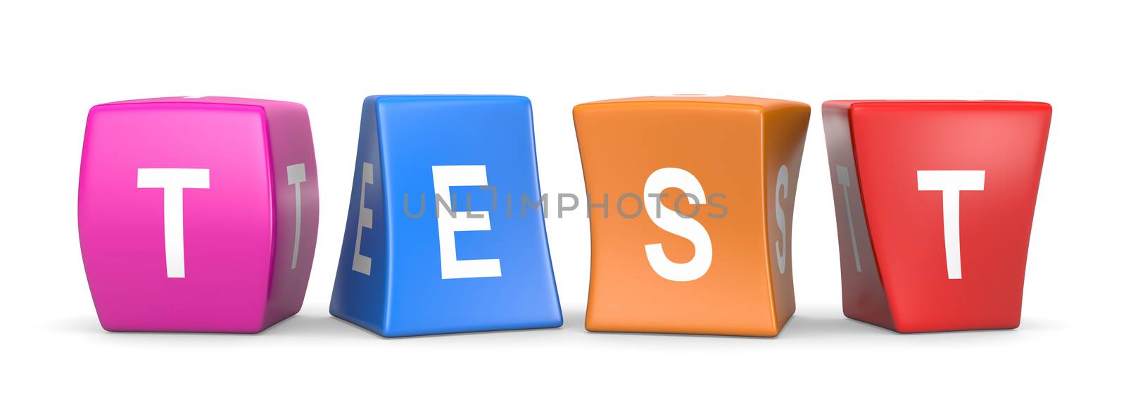 Test White Text on Colorful Deformed Funny Cubes 3D Illustration on White Background