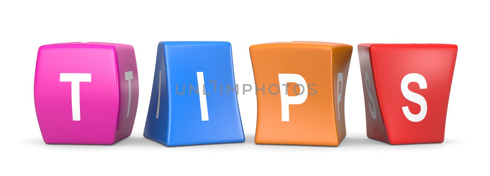 Tips White Text on Colorful Deformed Funny Cubes 3D Illustration on White Background