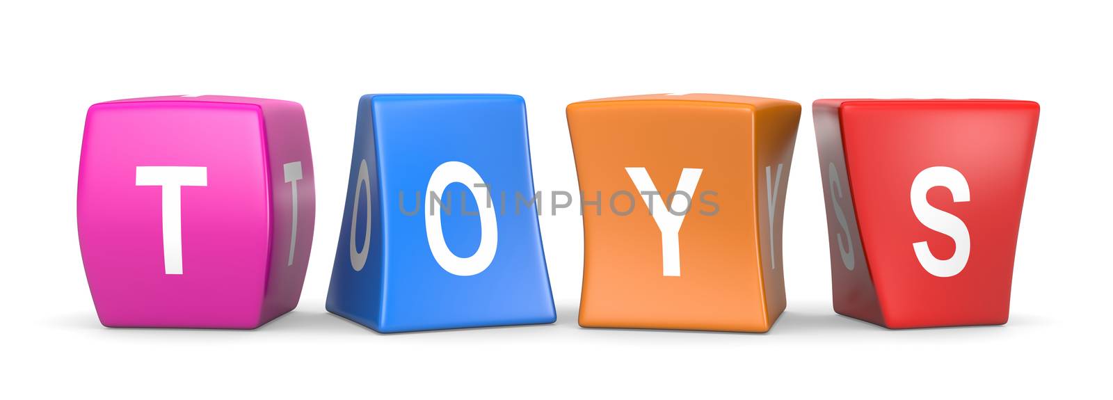 Toys White Text on Colorful Deformed Funny Cubes 3D Illustration on White Background