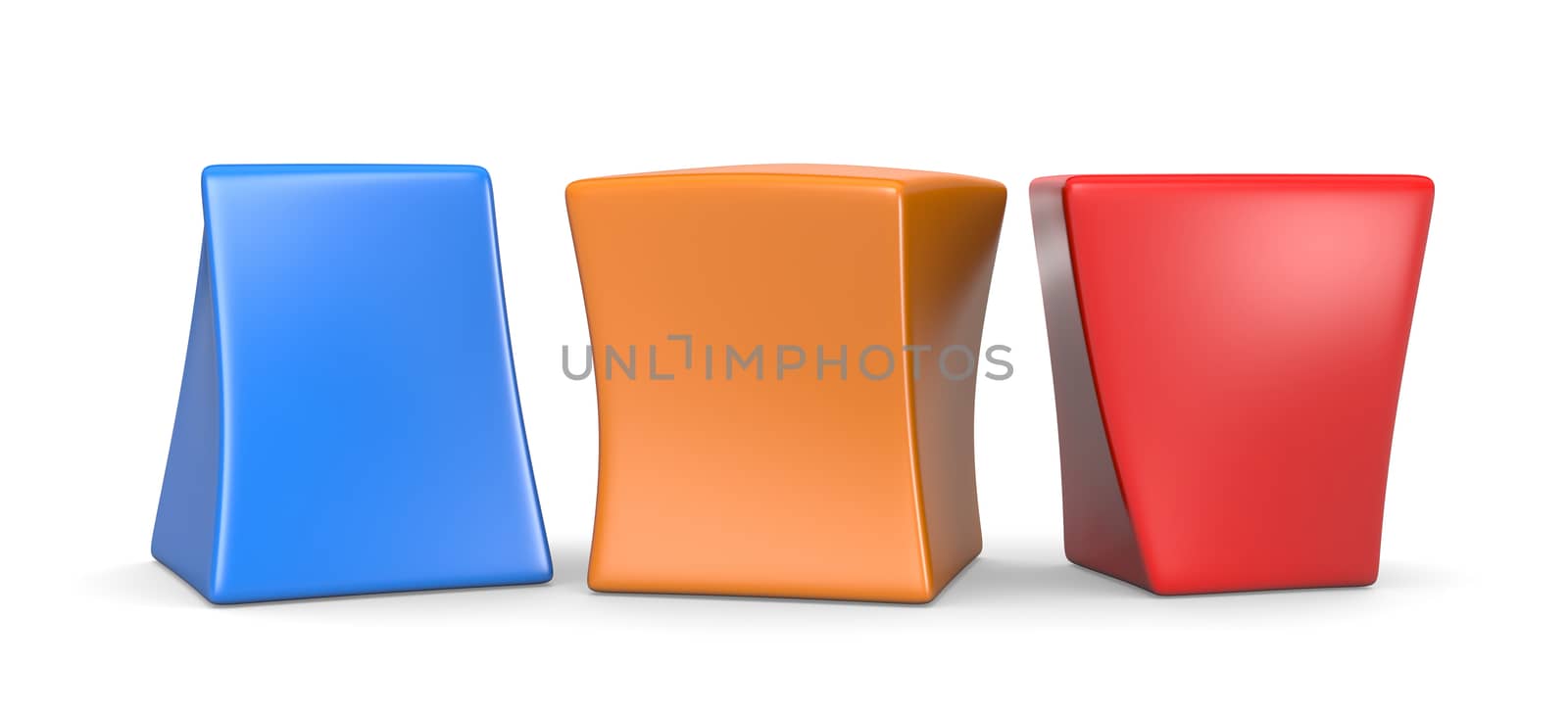 Three Colorful Deformed Blank Funny Cubes 3D Illustration on White Background