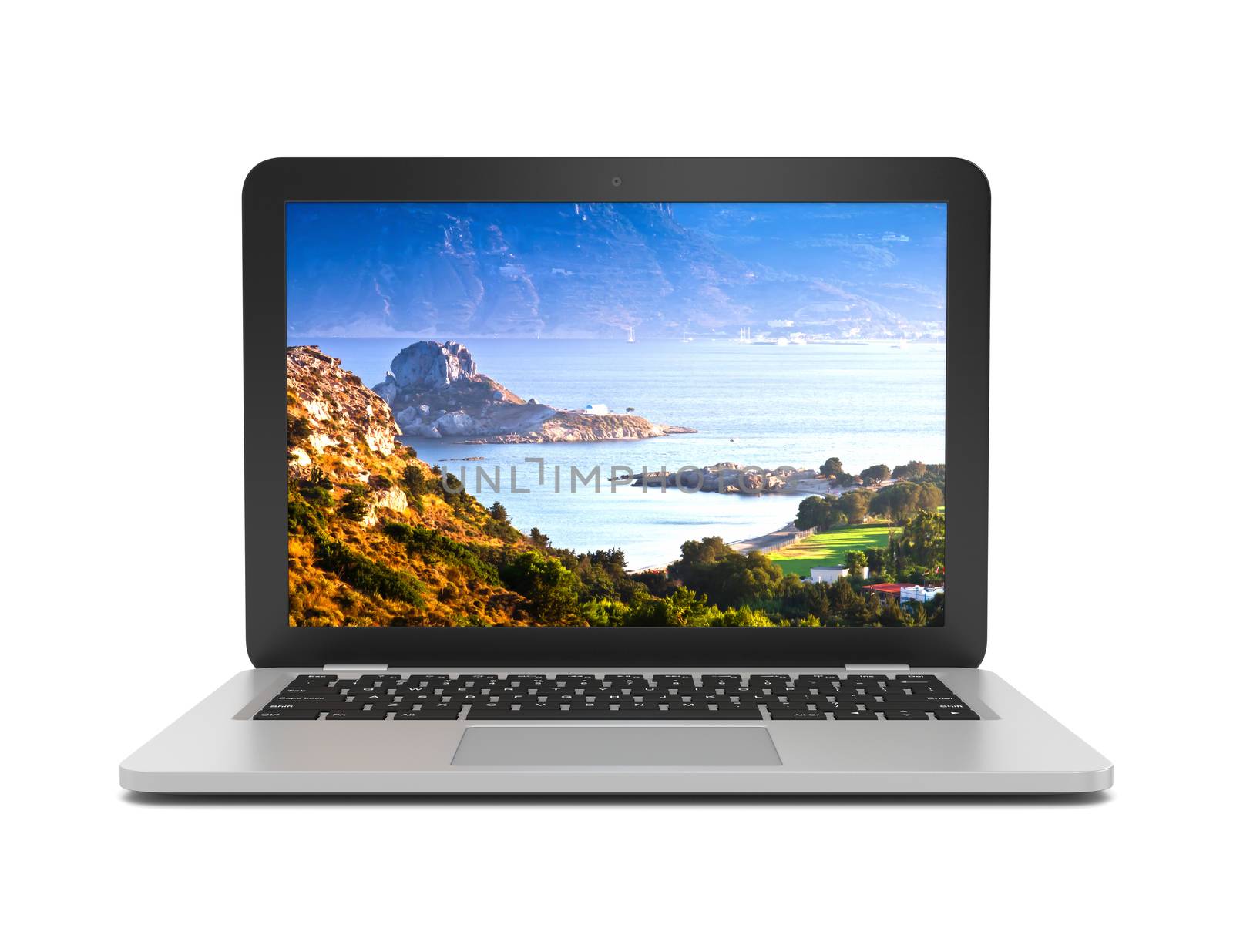Silver Laptop Computer with Screen Showing Kos Greek Island Landscape on White Background 3D Illustration, Front View