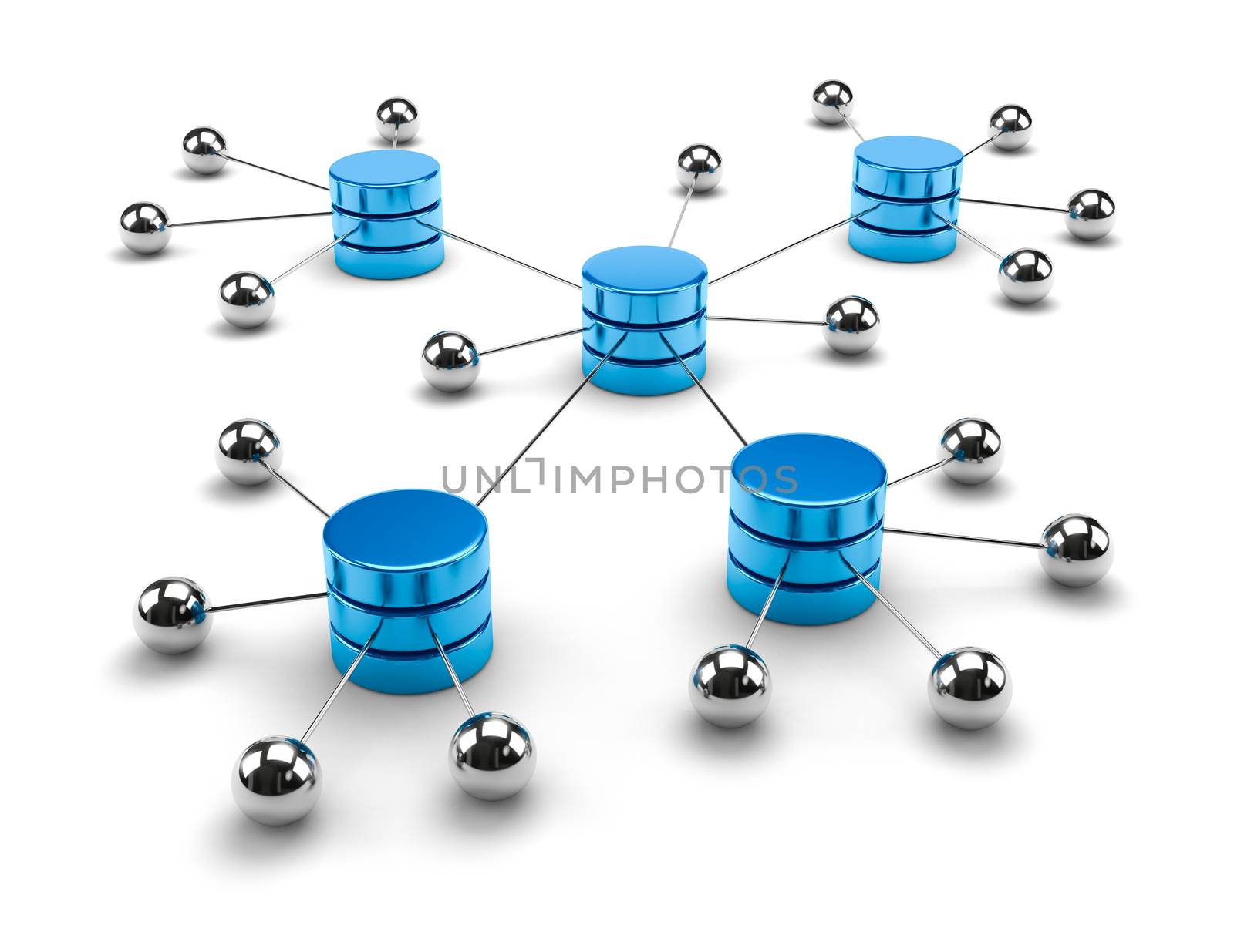 Metallic Spheres Linked to Blue Metallic Cylinders 3D Illustration on White Background, Network Computing Data Storage Concept