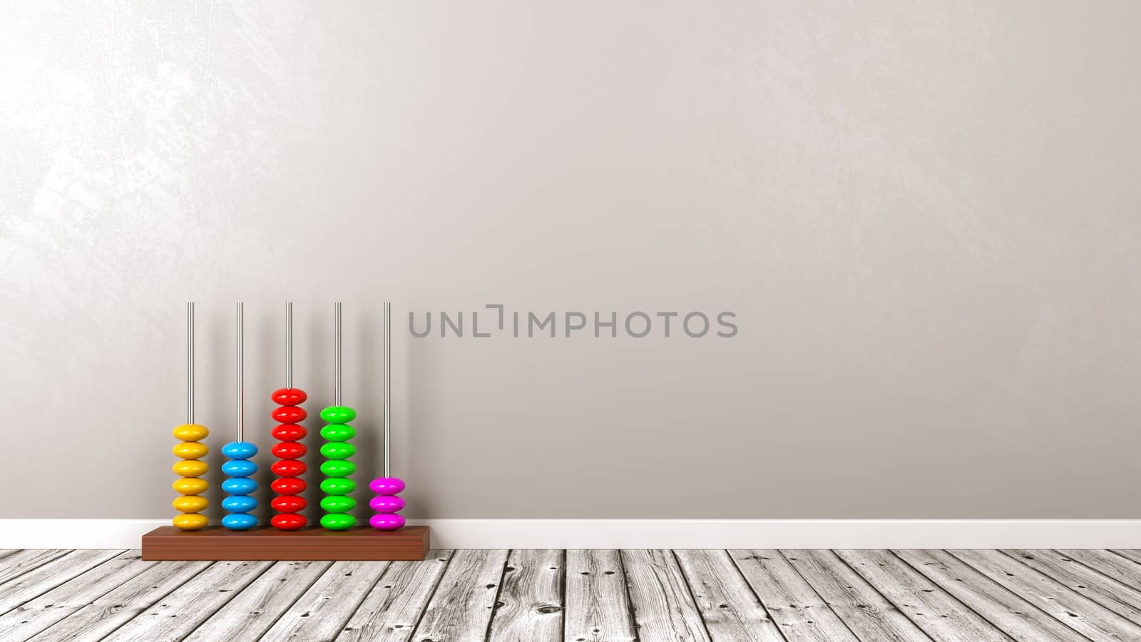 Colorful Wooden Abacus on Wooden Floor Against Grey Wall with Copyspace 3D Illustration