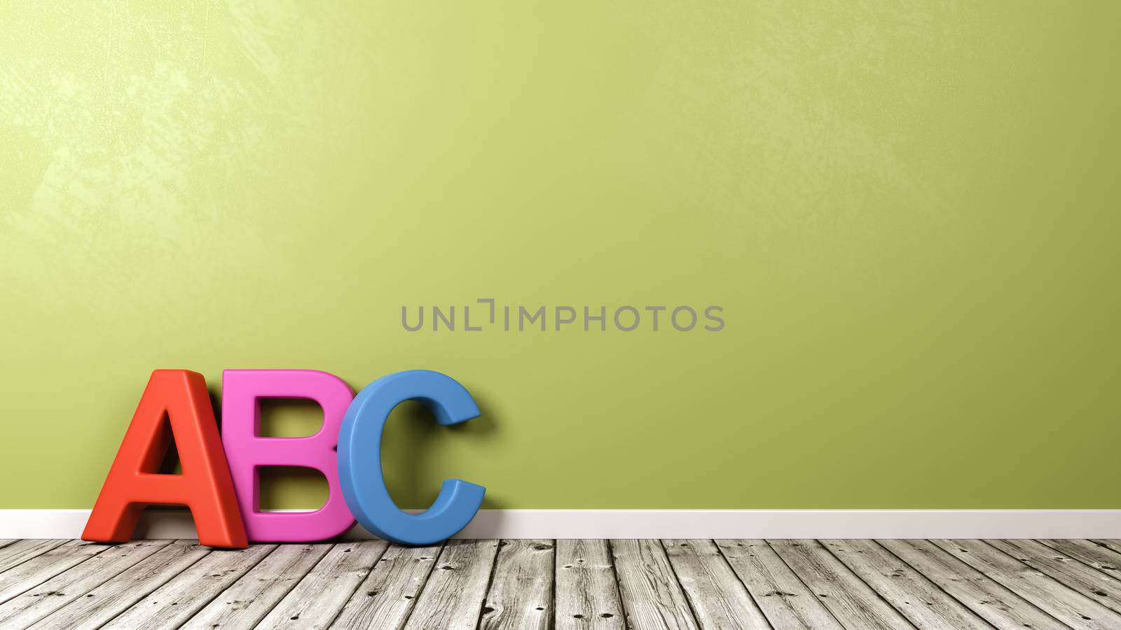 Colorful ABC Text Shape on Wooden Floor Against Green Wall with Copyspace 3D Illustration