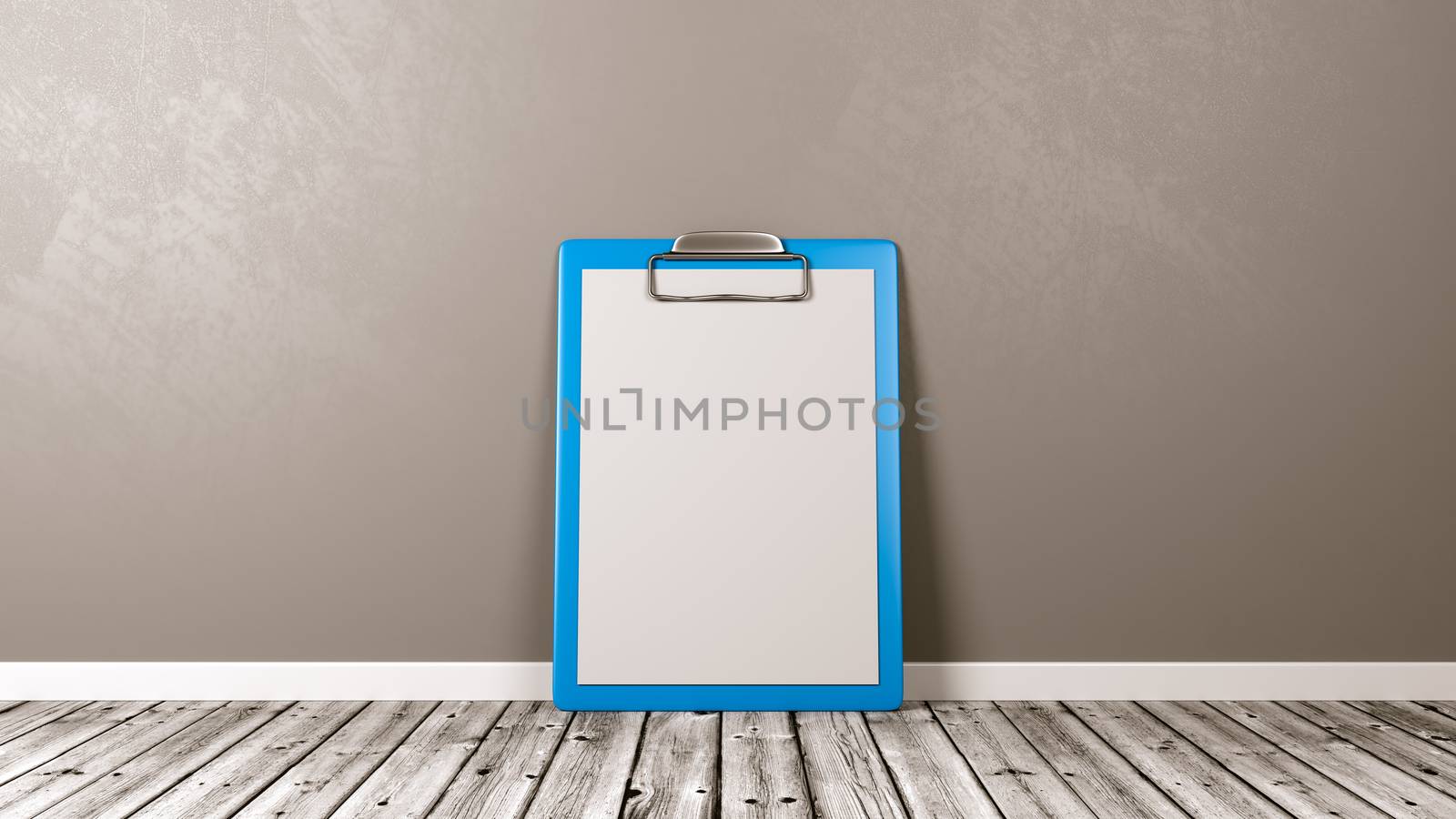 Blue Clipboard with Blank Paper on Wooden Floor Against Grey Wall with Copyspace 3D Illustration