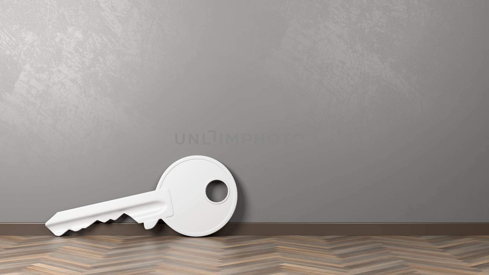 White Key Shape on Wooden Floor Against Grey Wall with Copyspace 3D Illustration