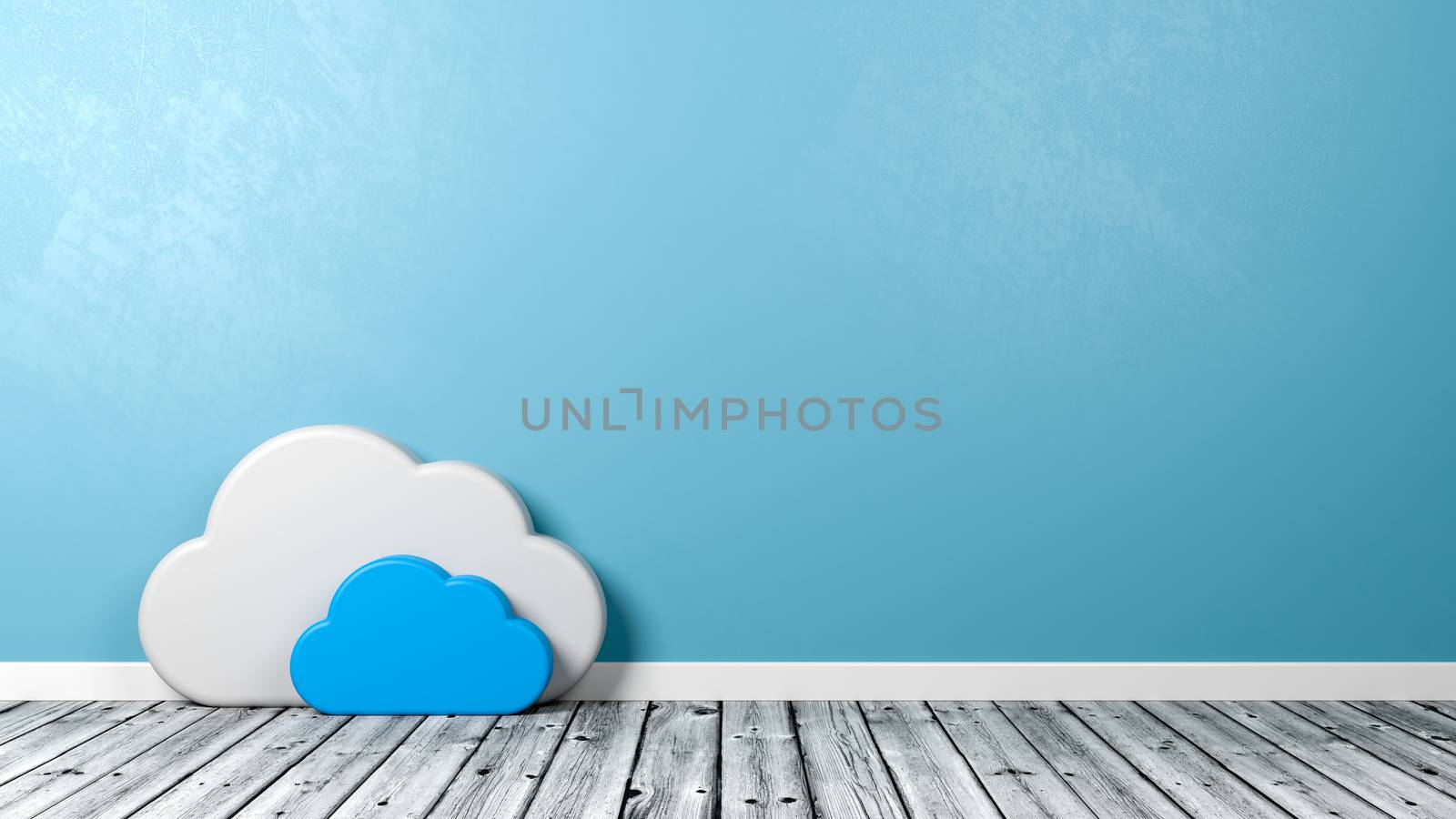 White Cloud Symbol Shape on Wooden Floor Against Blue Wall with Copyspace 3D Illustration