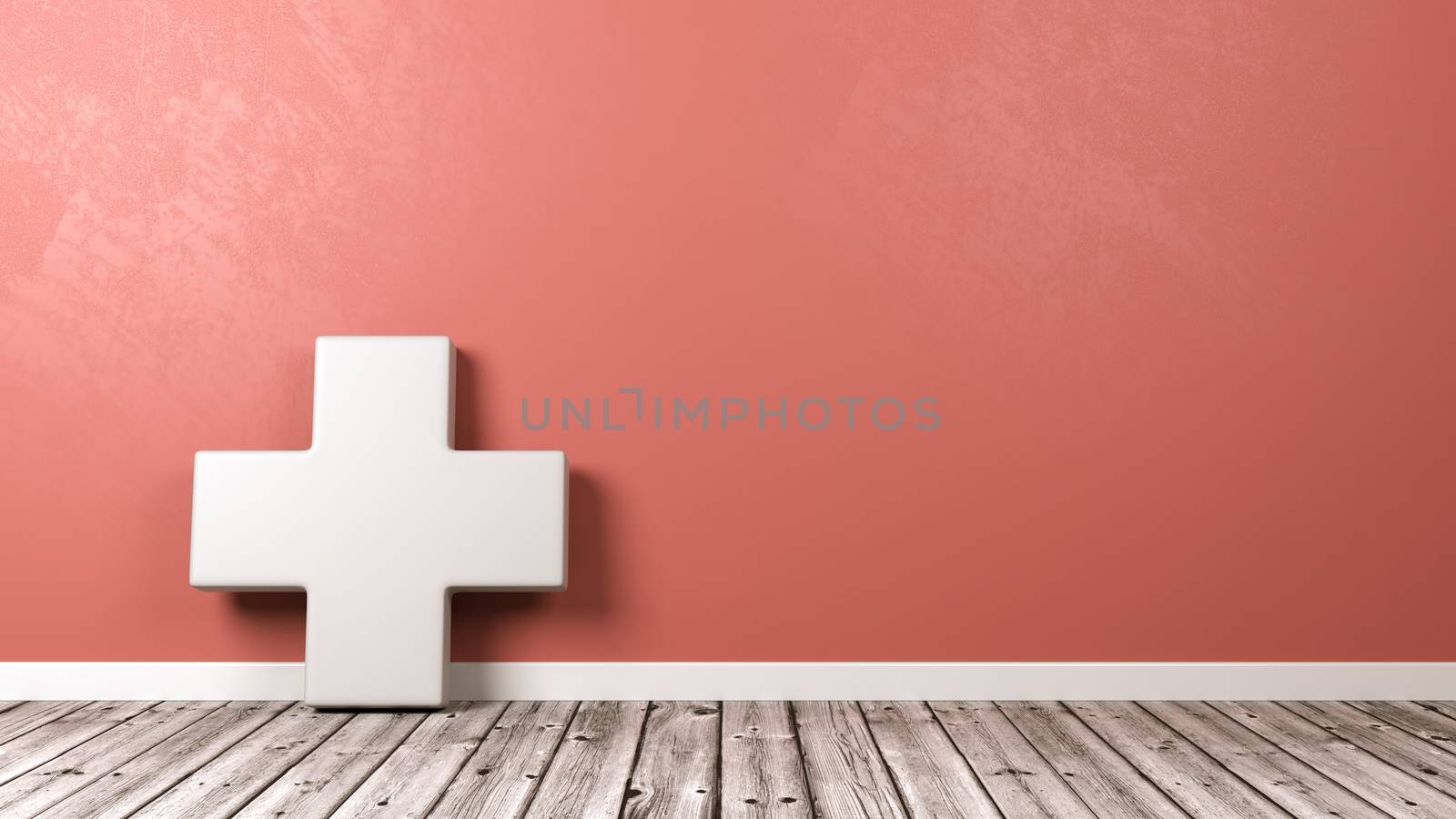 White Cross Medical Symbol Shape on Wooden Floor Against Red Wall with Copyspace 3D Illustration