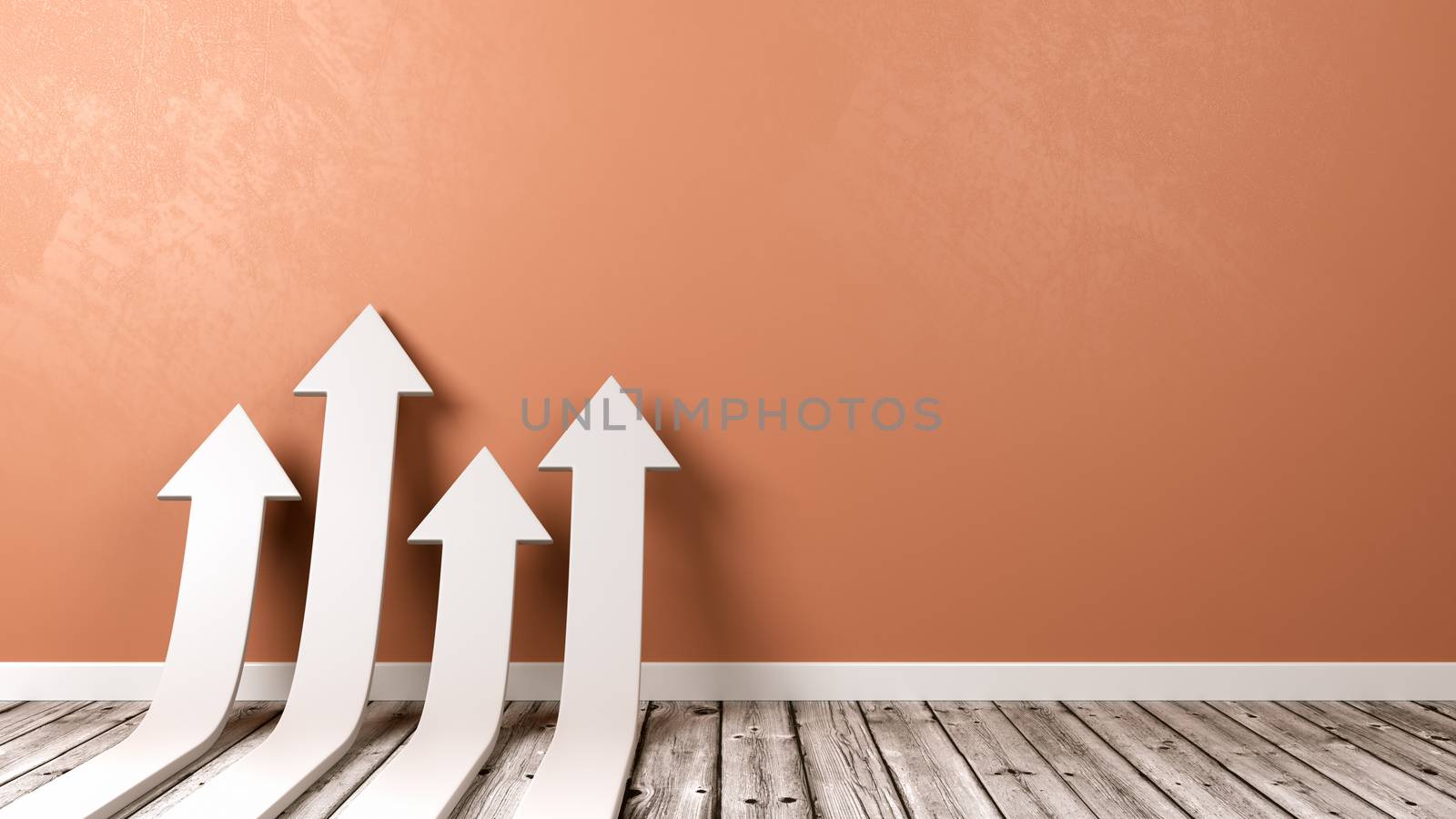 Four White Arrows Shape Lift Off on Wooden Floor Against Orange Wall with Copyspace 3D Illustration