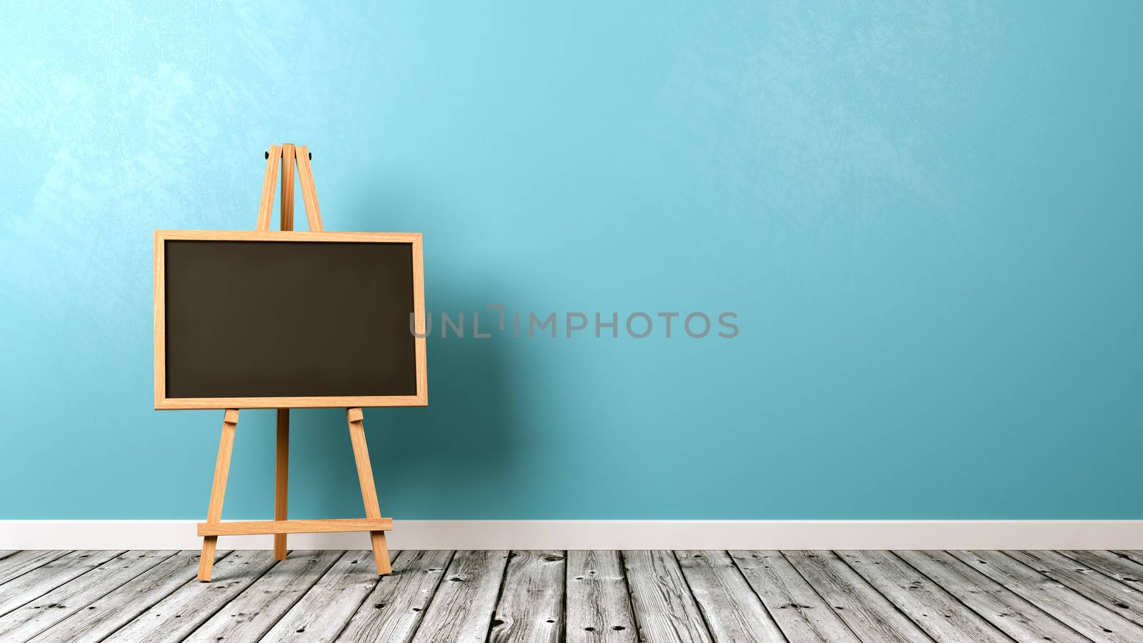 Blank Blackboard on Wooden Easel on Wooden Floor with Copyspace on Blue Background 3D Illustration