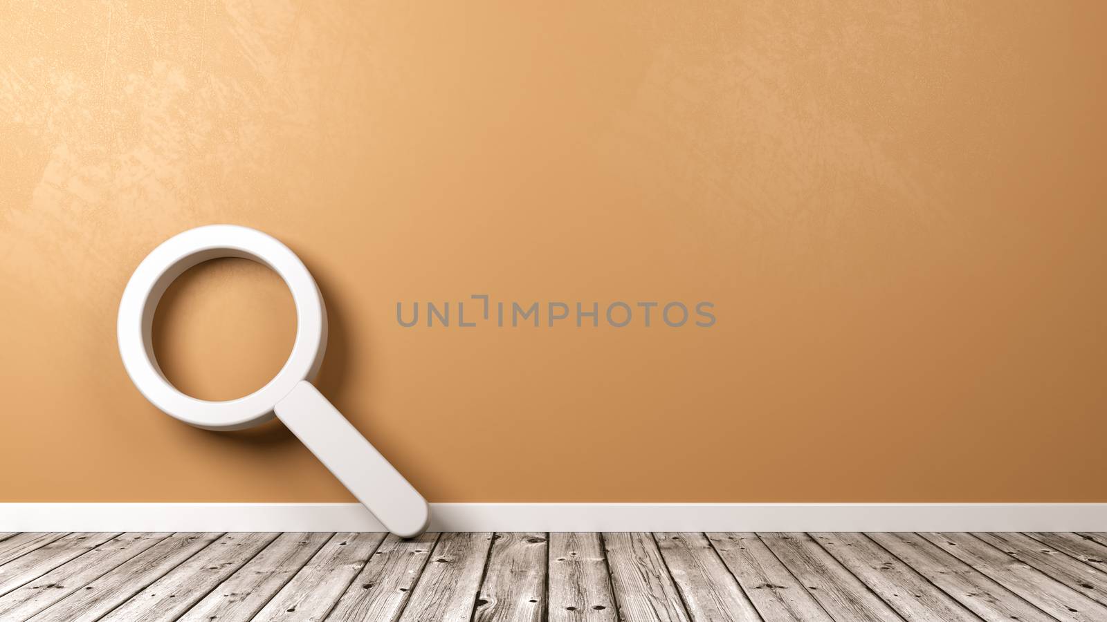 White Magnifier Glass Symbol Shape on Wooden Floor Against Orange Wall with Copyspace 3D Illustration