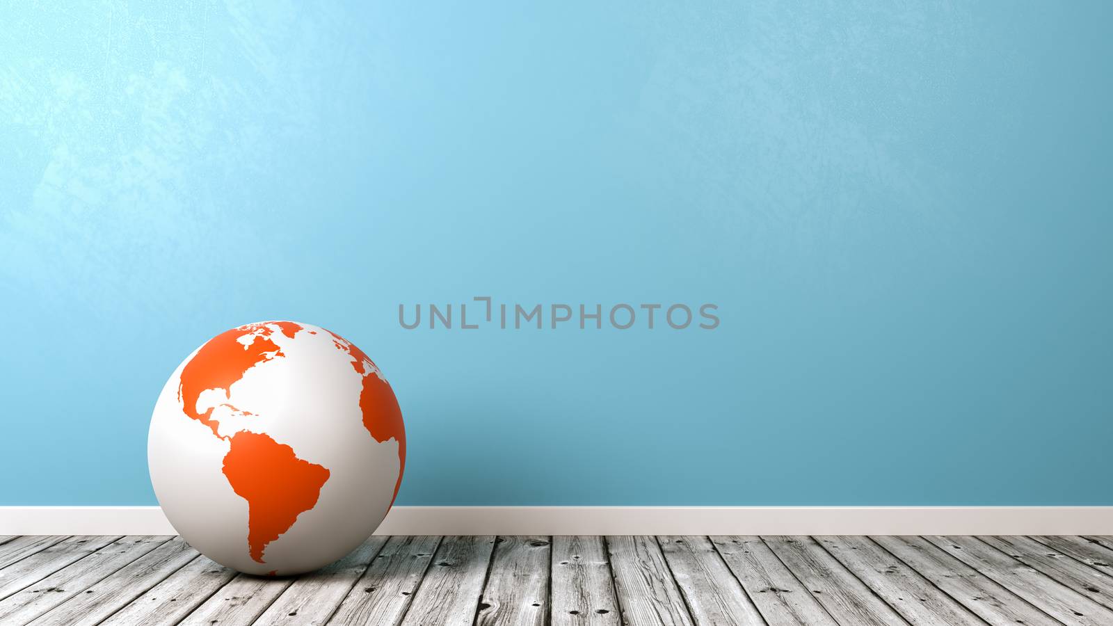 Orange and White Earth Globe on Wooden Floor Against Blue Wall with Copyspace 3D Illustration