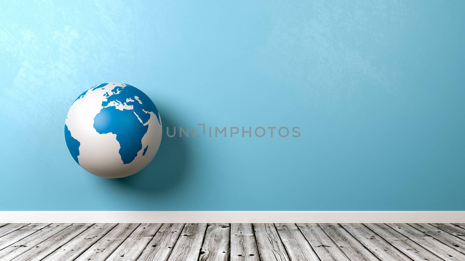 Blue and White Earth Globe Against Blue Wall with Copyspace in a Wooden Floor Room 3D Illustration