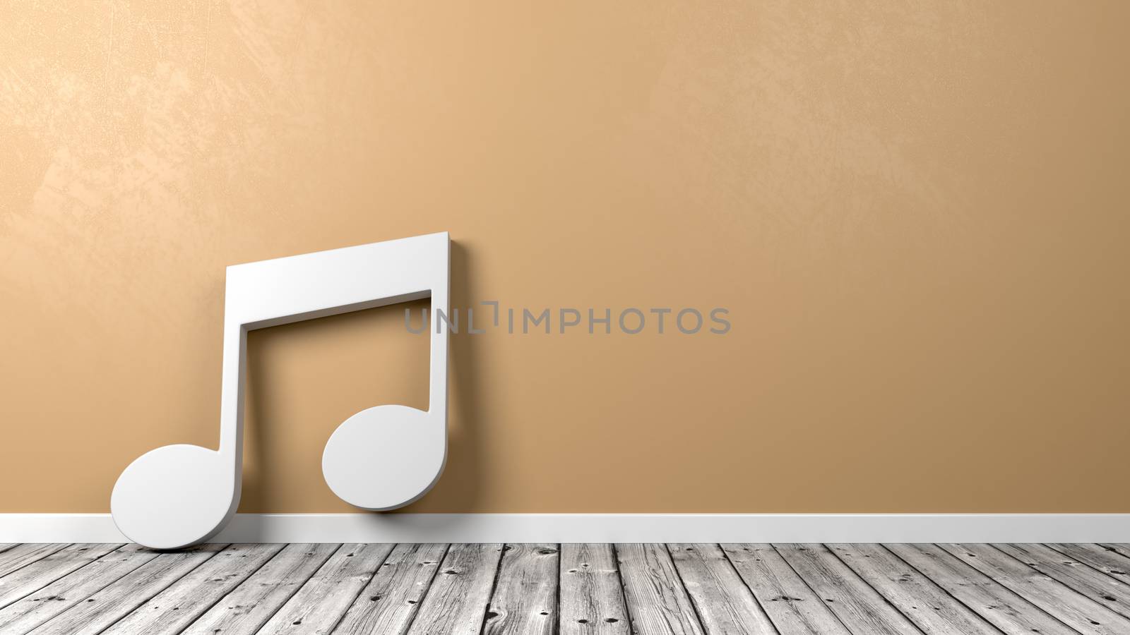 Couple of White Musical Notes Shape on Wooden Floor Against Orange Wall with Copyspace 3D Illustration