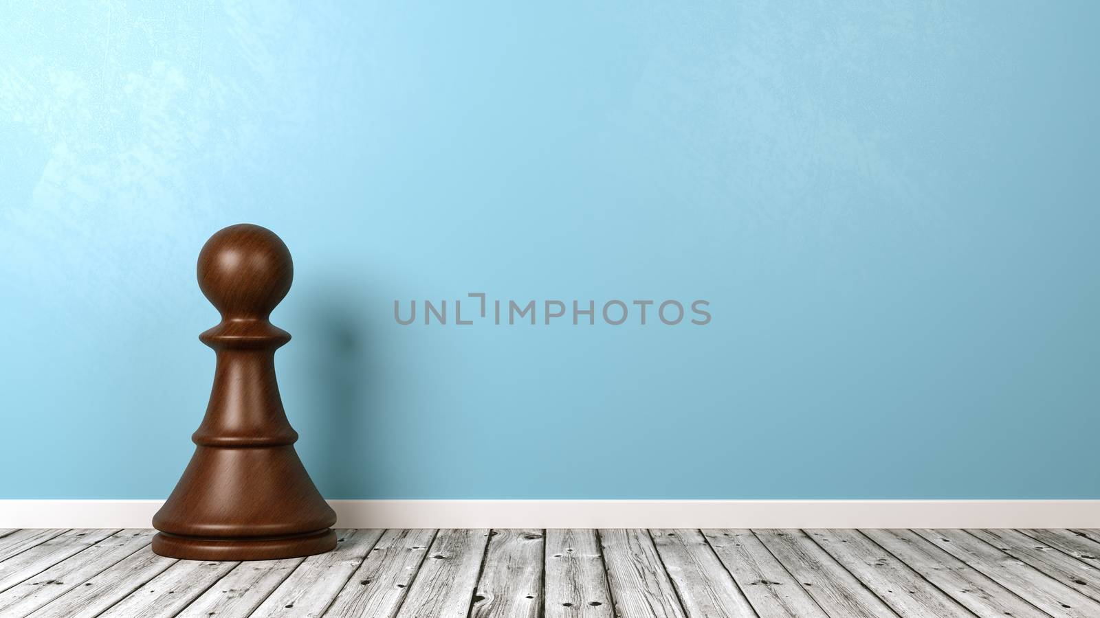 One Black Wooden Chessman on Wooden Floor Against Blue Wall with Copyspace 3D Illustration