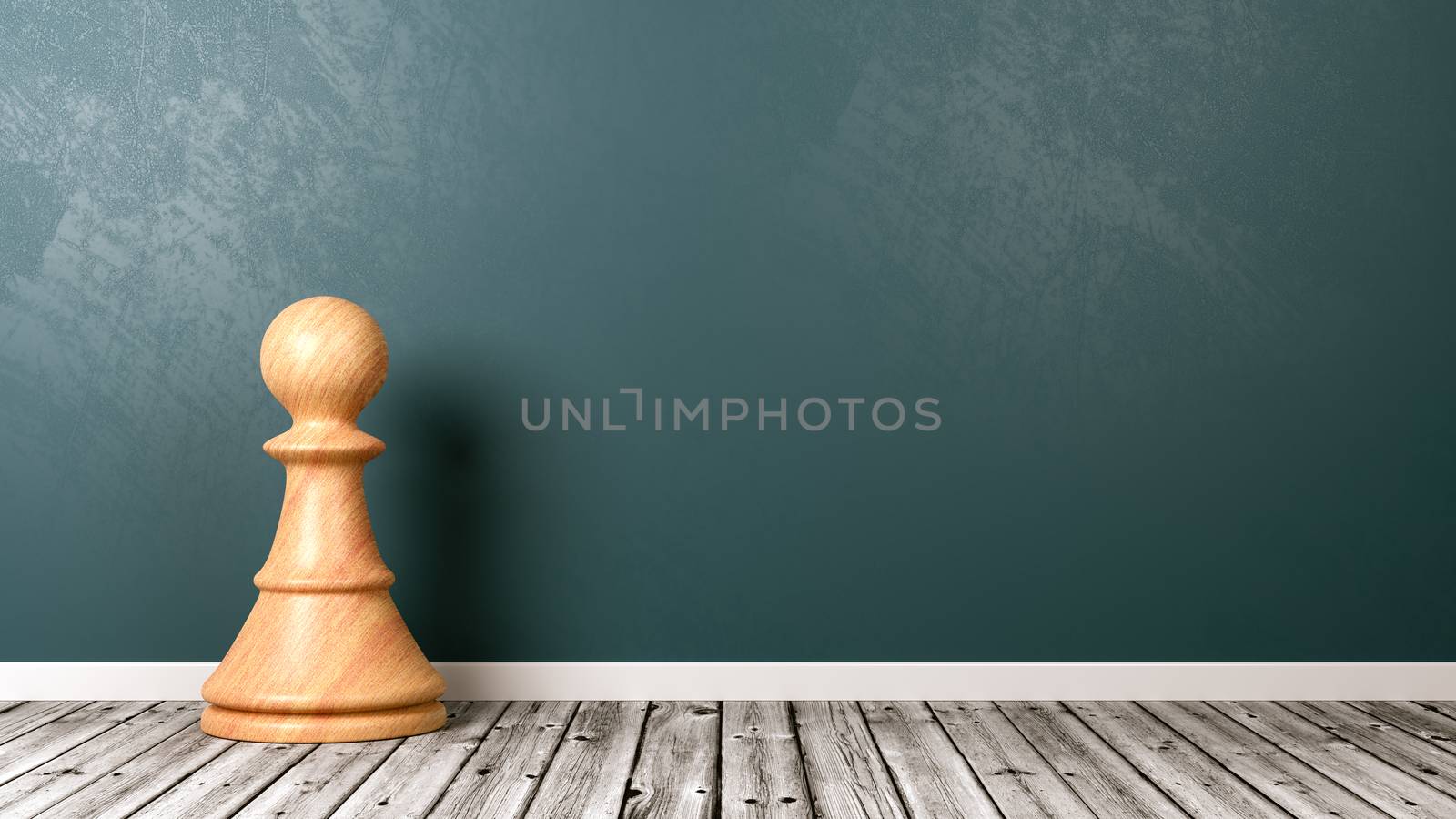 One White Wooden Chessman on Wooden Floor Against Blue Wall with Copyspace 3D Illustration