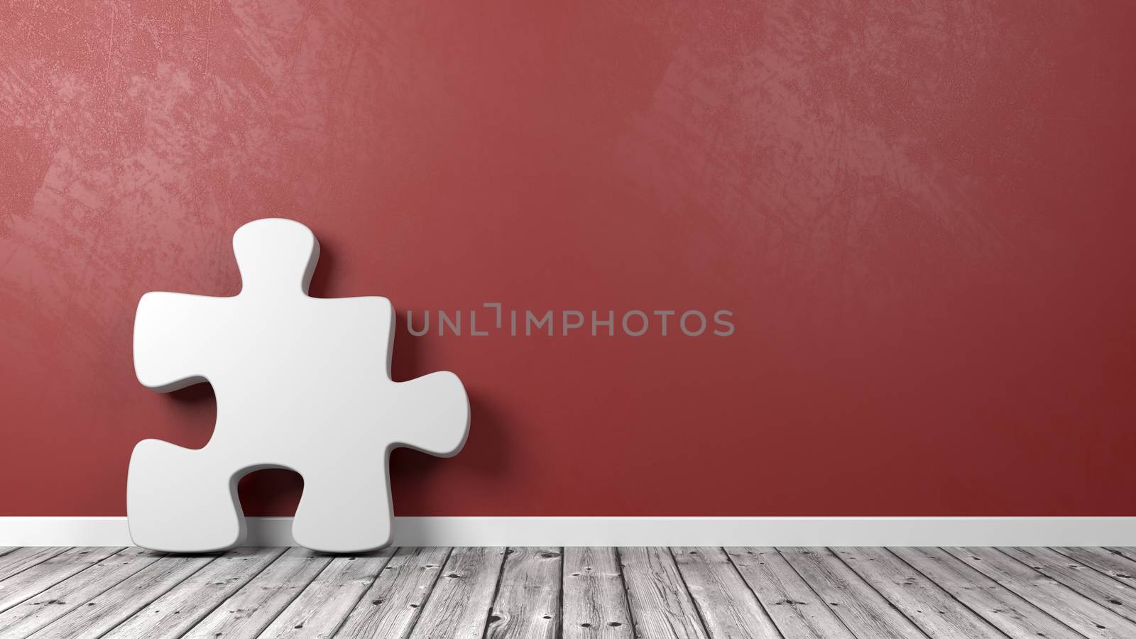 White Puzzle Piece Shape on Wooden Floor Against Red Wall with Copyspace 3D Illustration