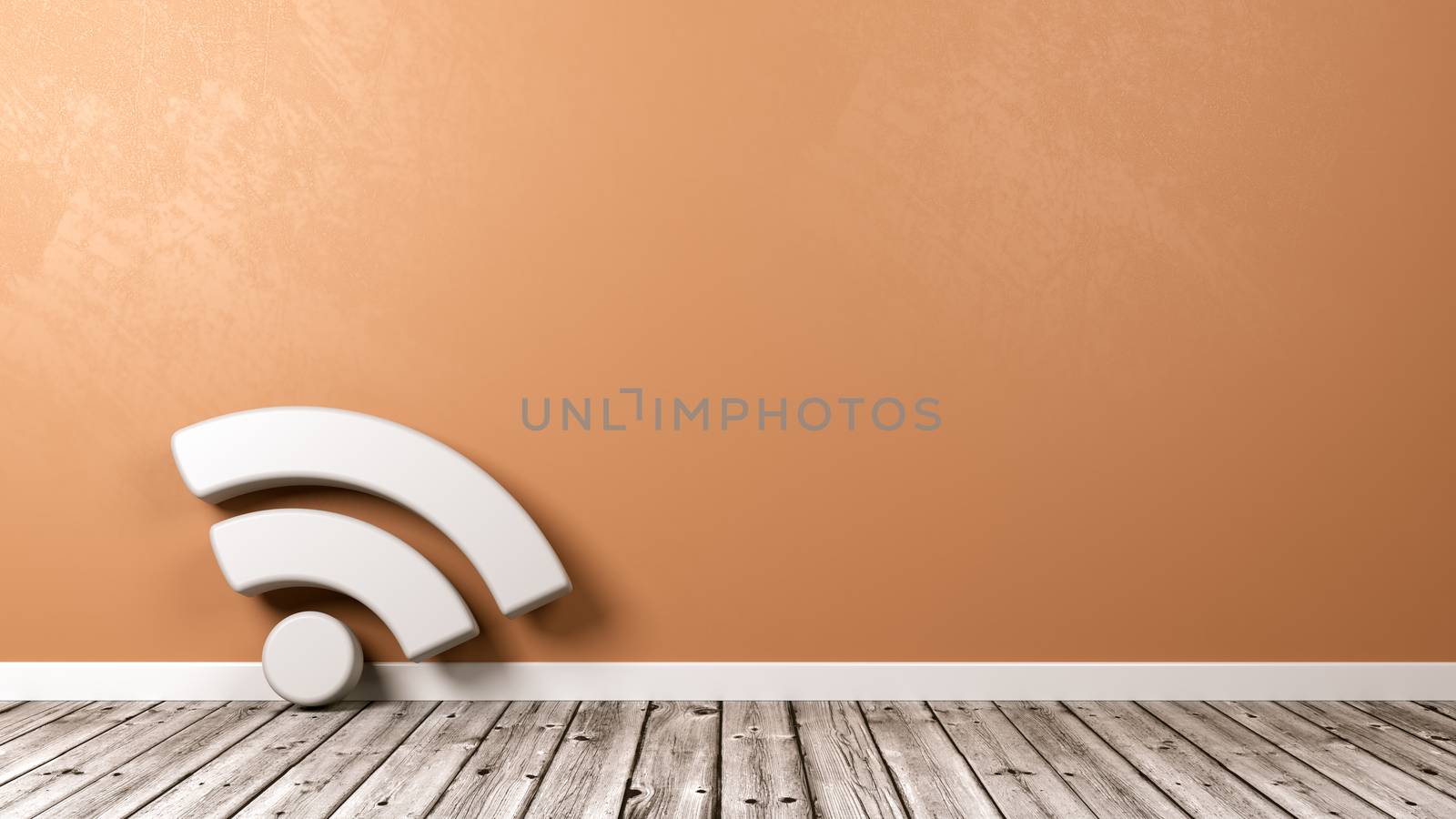 White Podcast RSS Feed Symbol Shape on Wooden Floor Against Orange Wall with Copyspace 3D Illustration